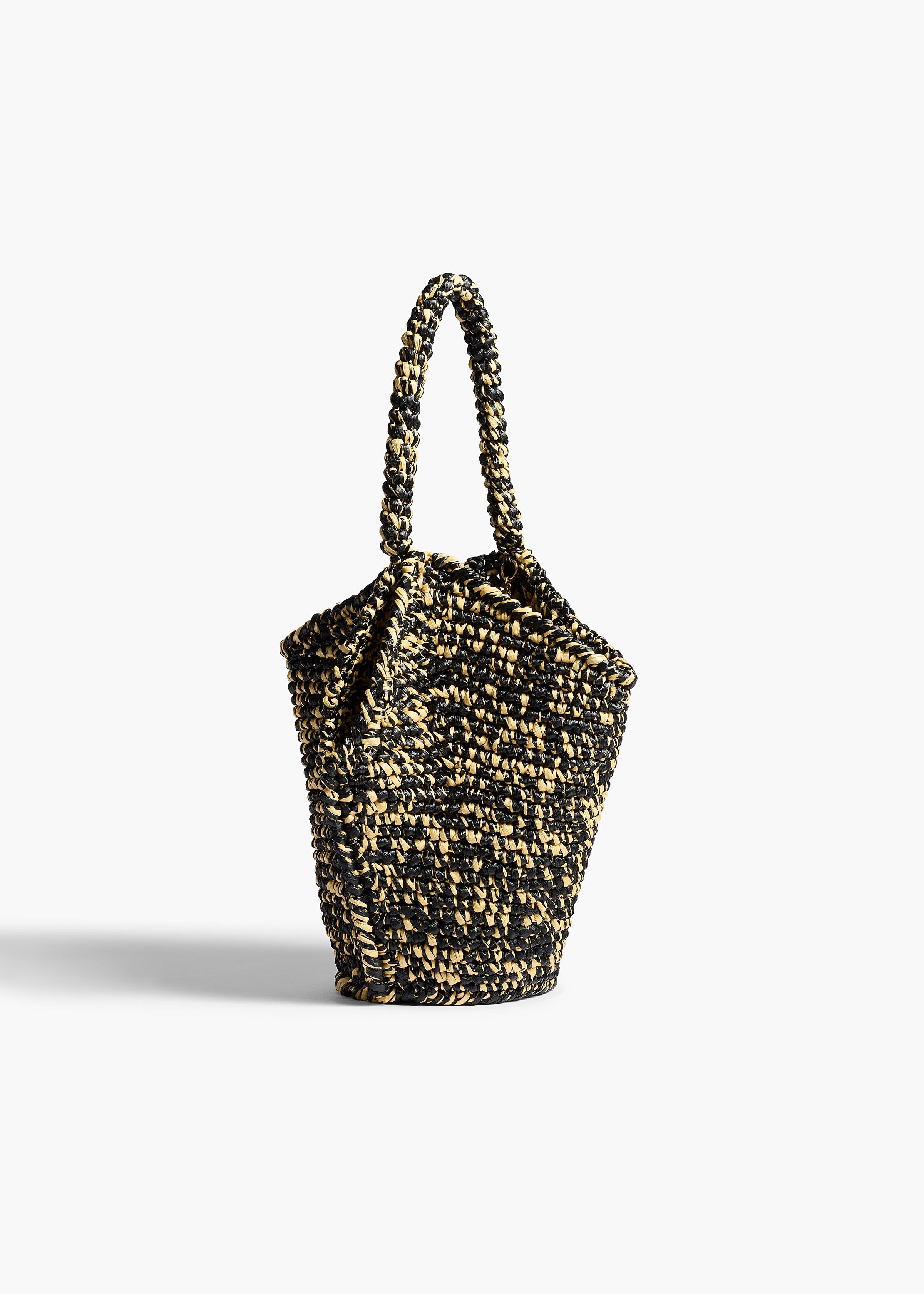 Mini Lotus Tote in Black and White Raffia