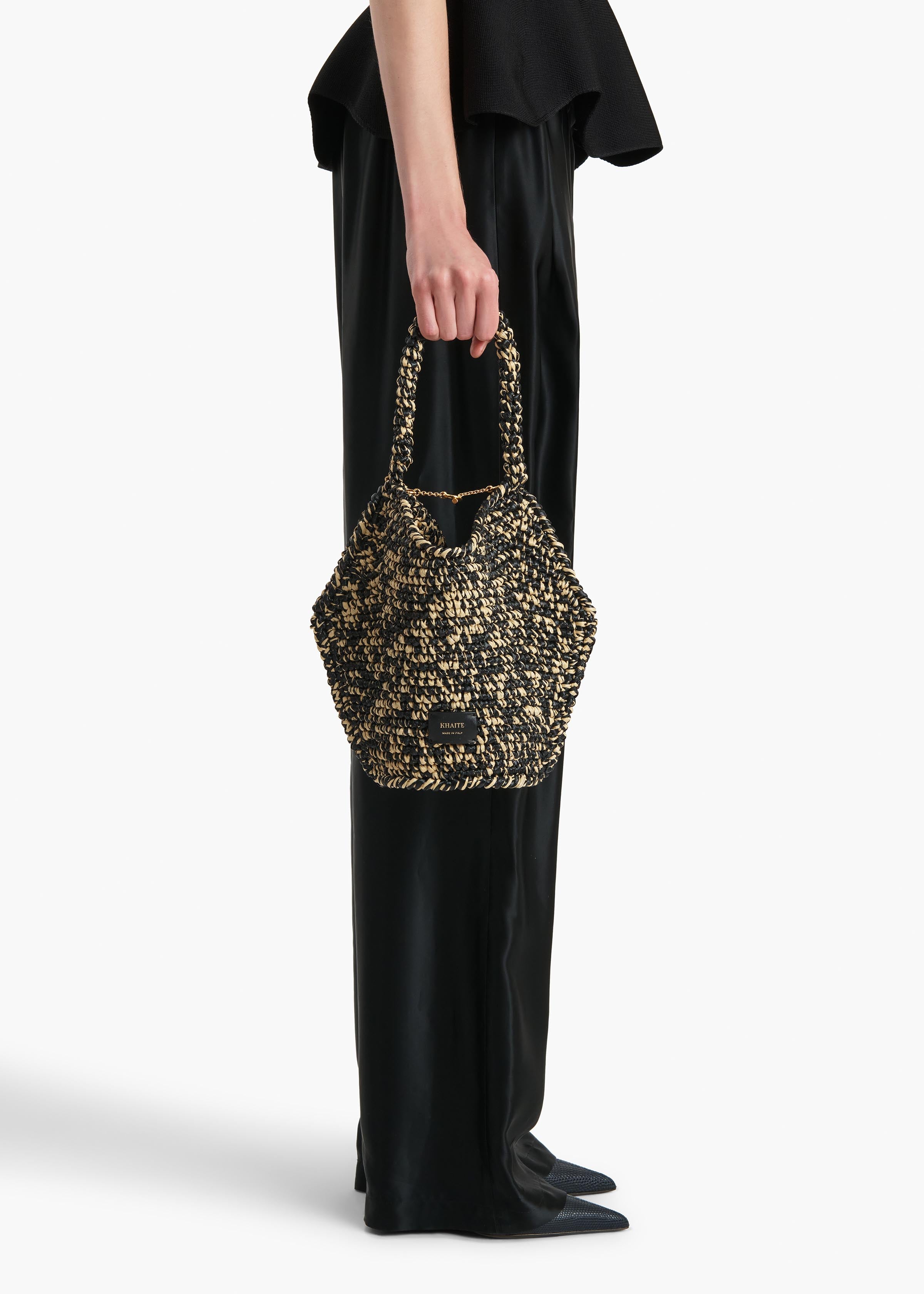 Mini Lotus Tote in Black and White Raffia – KHAITE