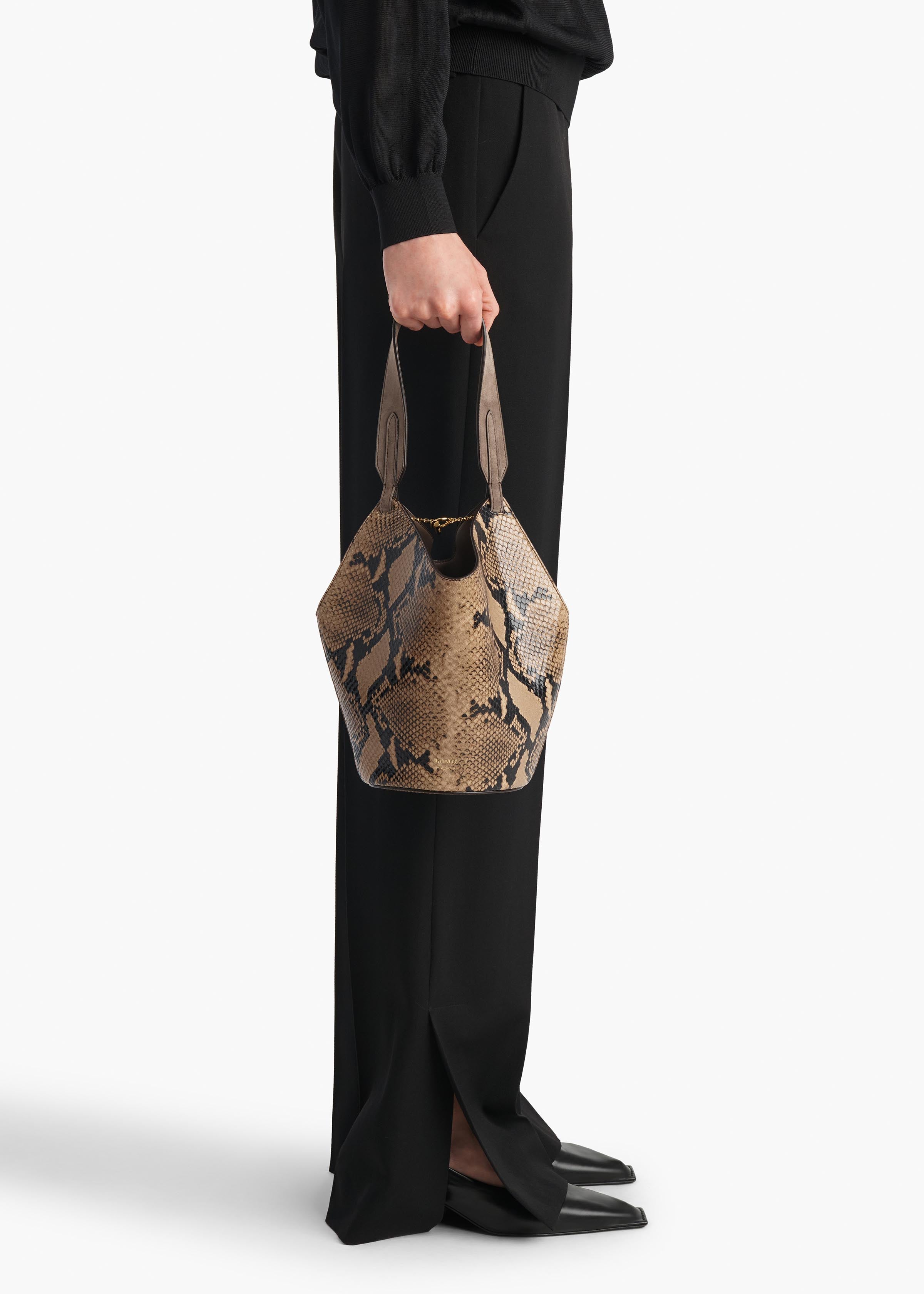 Mini Lotus Tote in Python-Embossed Taupe and Morning Dove