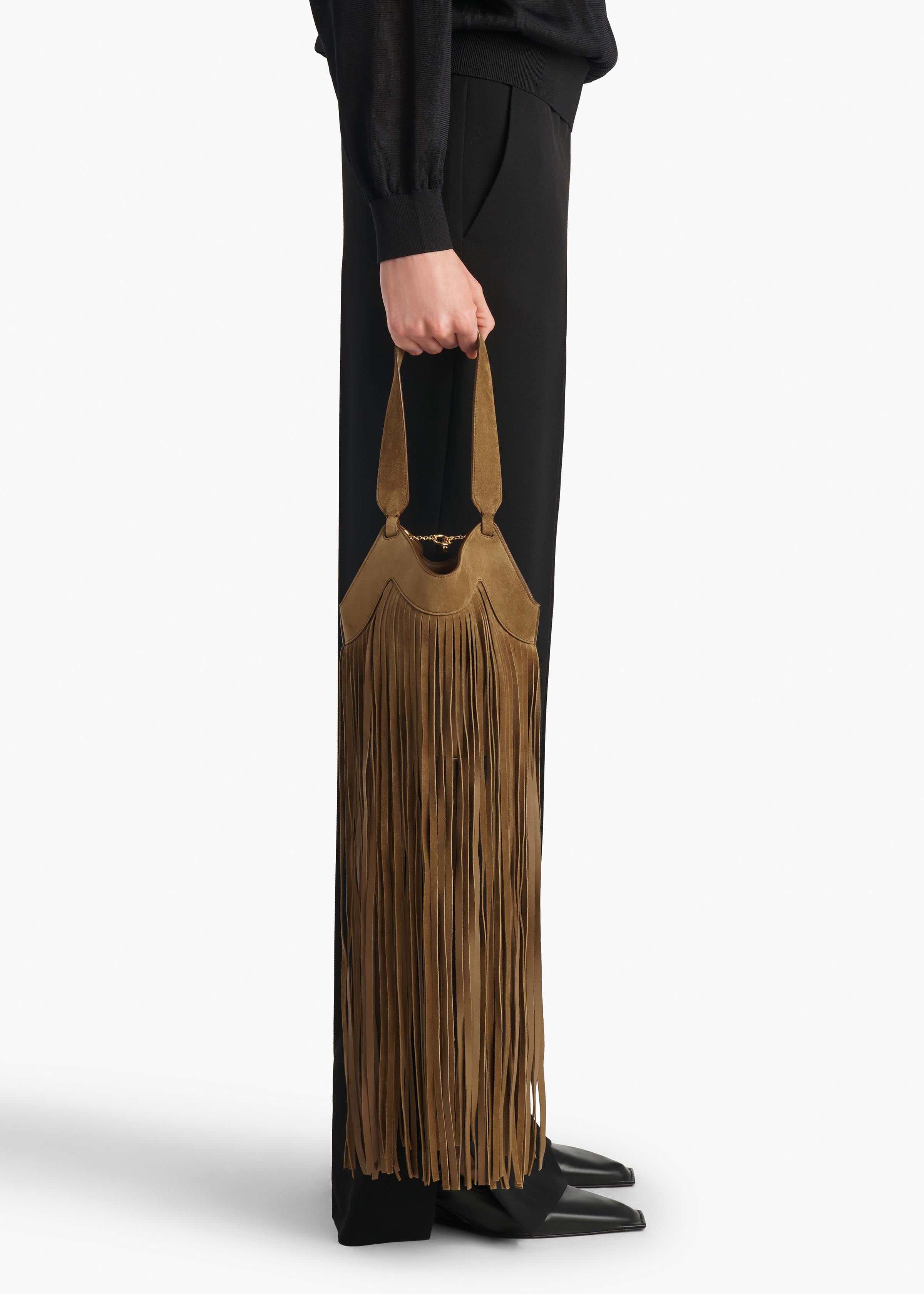 Nano Lotus Fringe Tote in Mud Suede