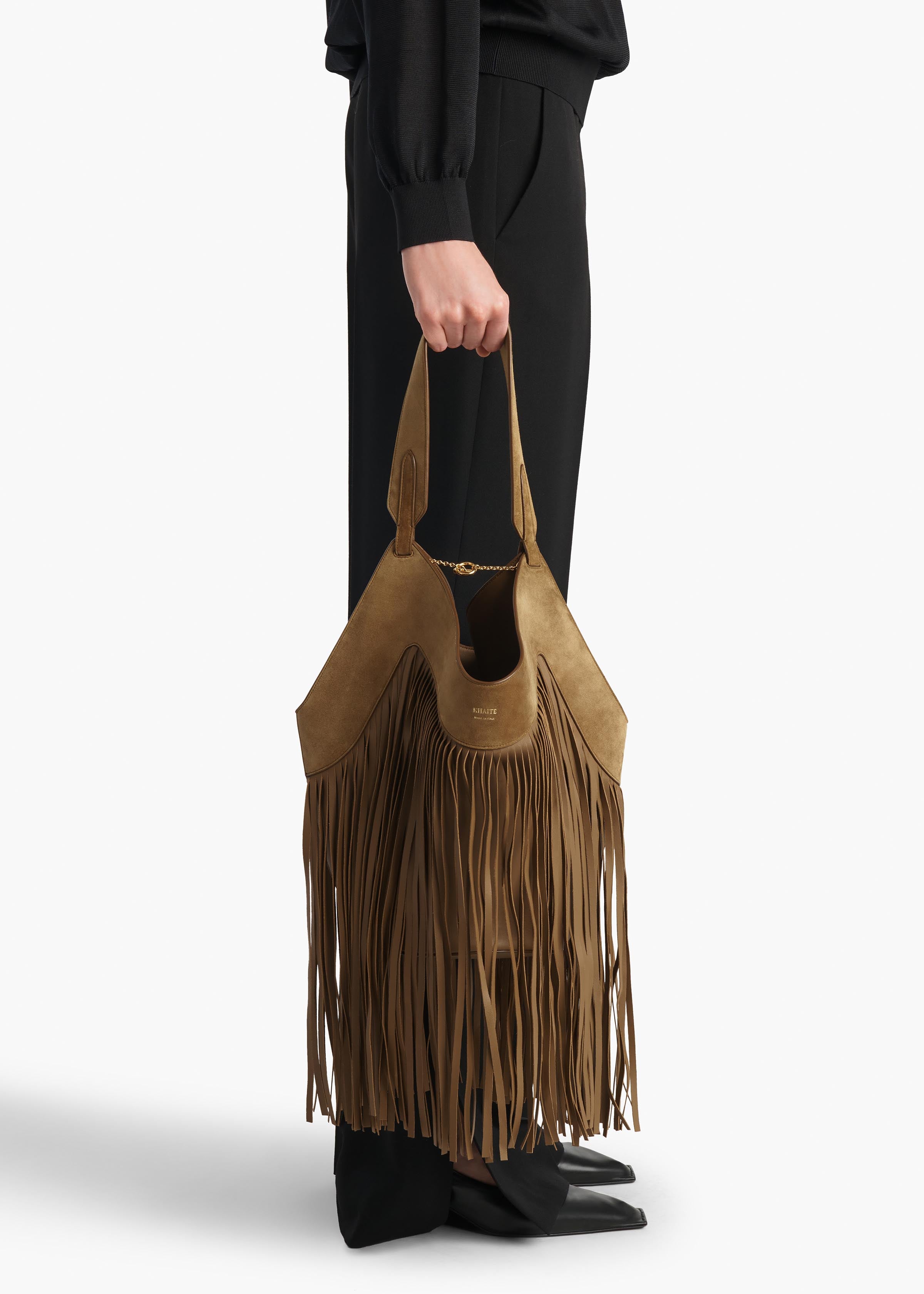 Small Lotus Fringe Tote in Mud Suede