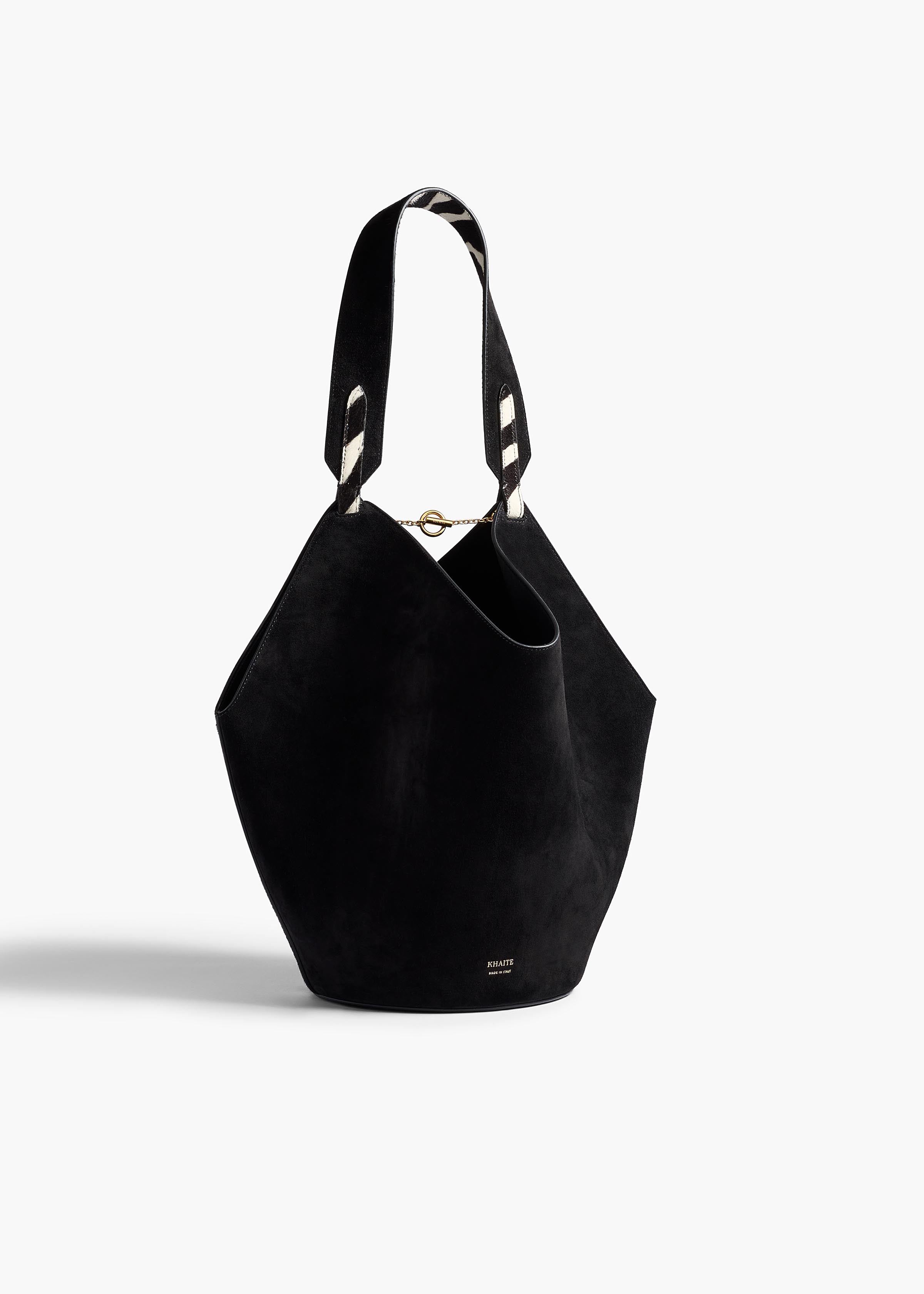 Small Lotus Tote in Zebra Print Haircalf and Black Suede – KHAITE