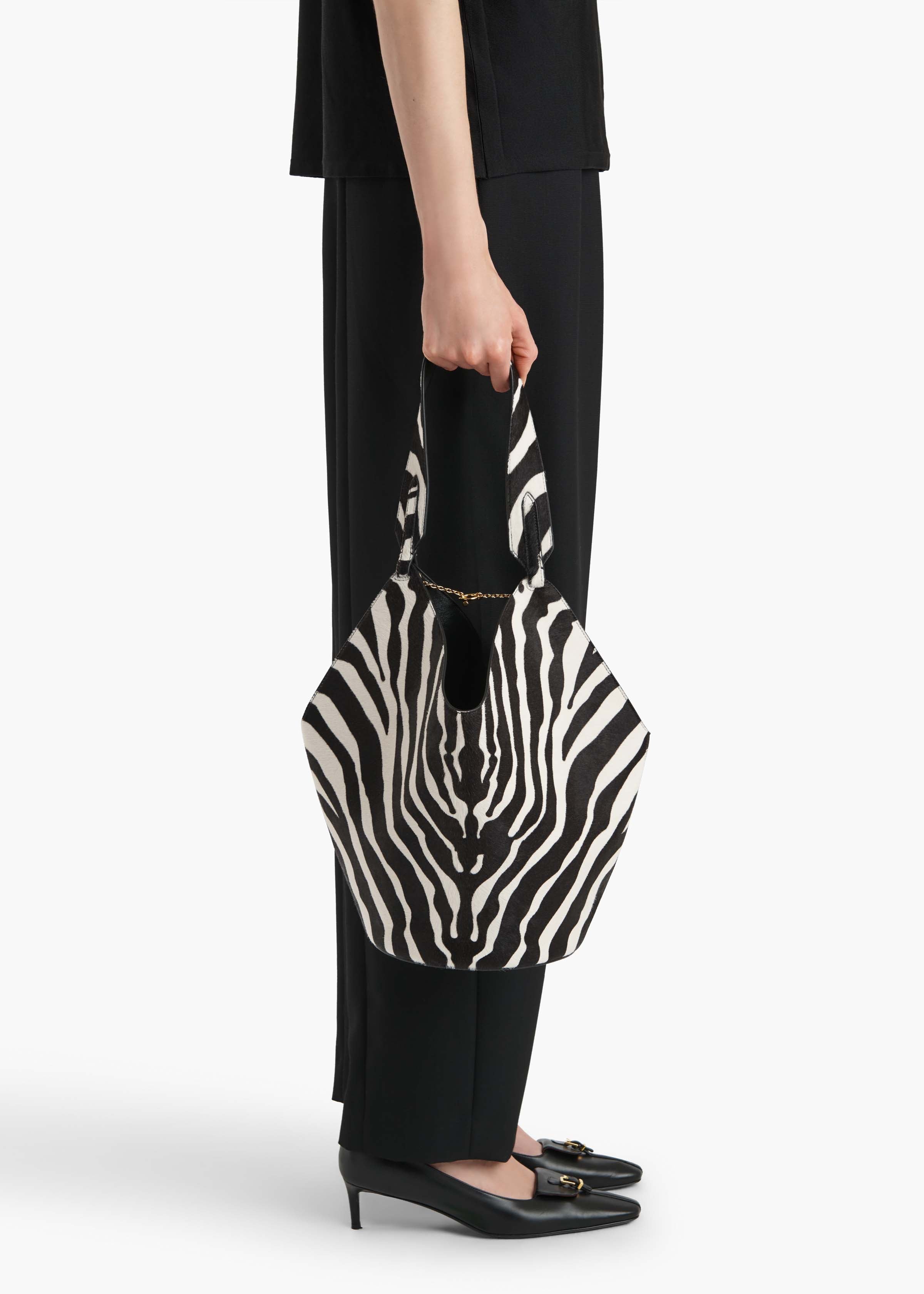 Small Lotus Tote in Zebra Print Haircalf and Black Suede – KHAITE