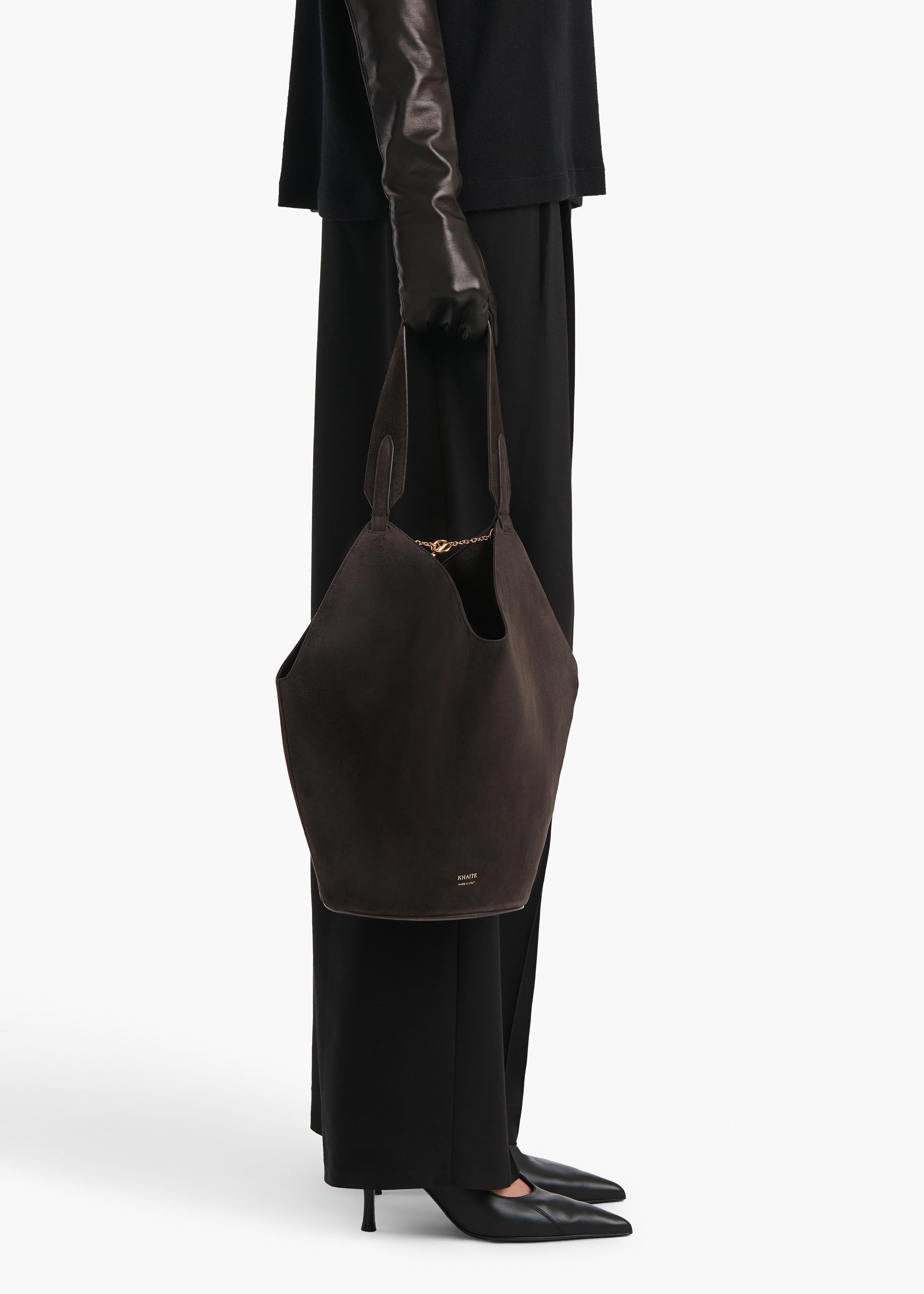 Small Lotus Tote in Dark Brown Suede