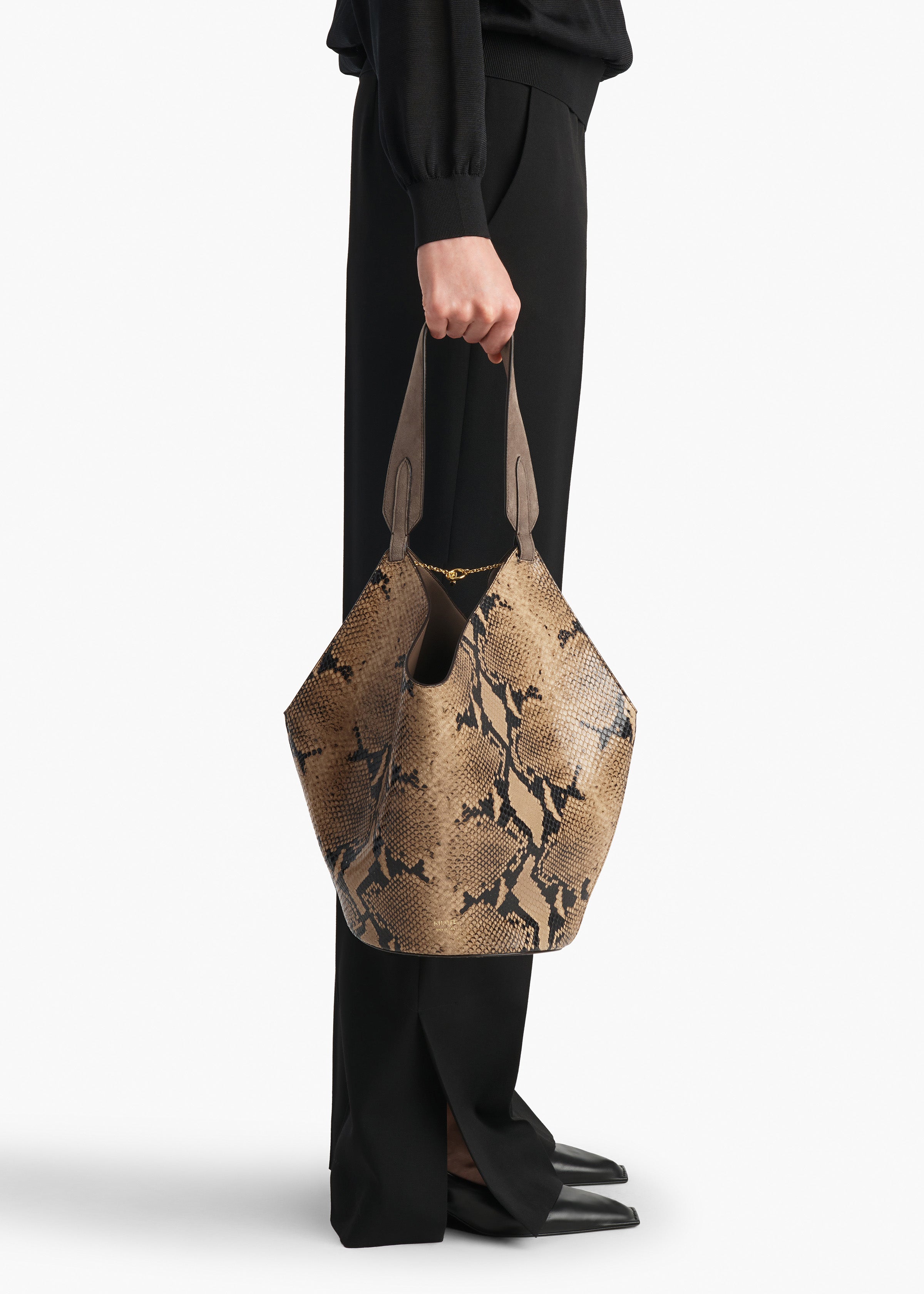 Small Lotus Tote in Python-Embossed Taupe and Morning Dove