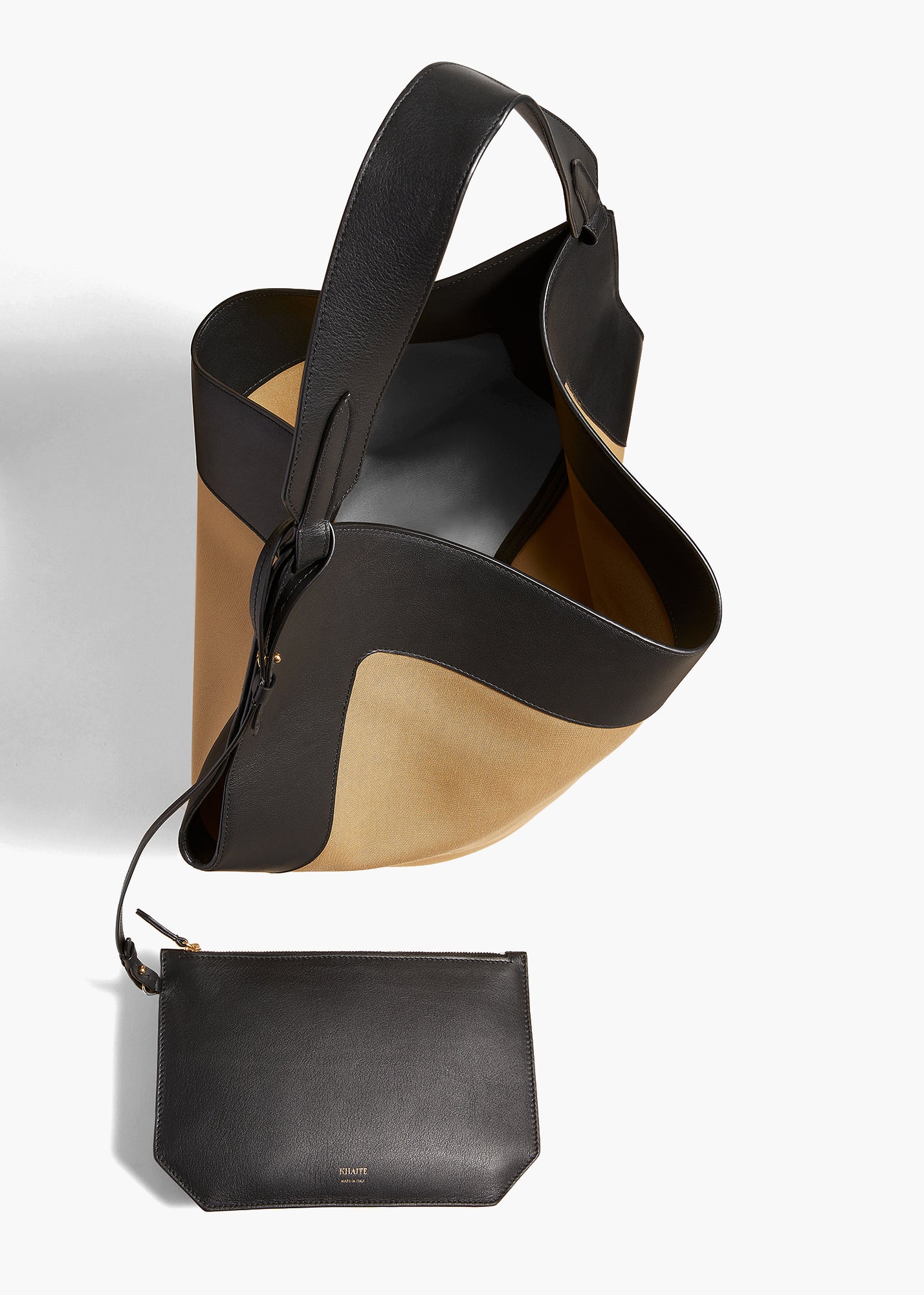 MEDIUM LOTUS HANDBAG IN HONEY AND BLACK LEATHER OVERHEAD VIEW