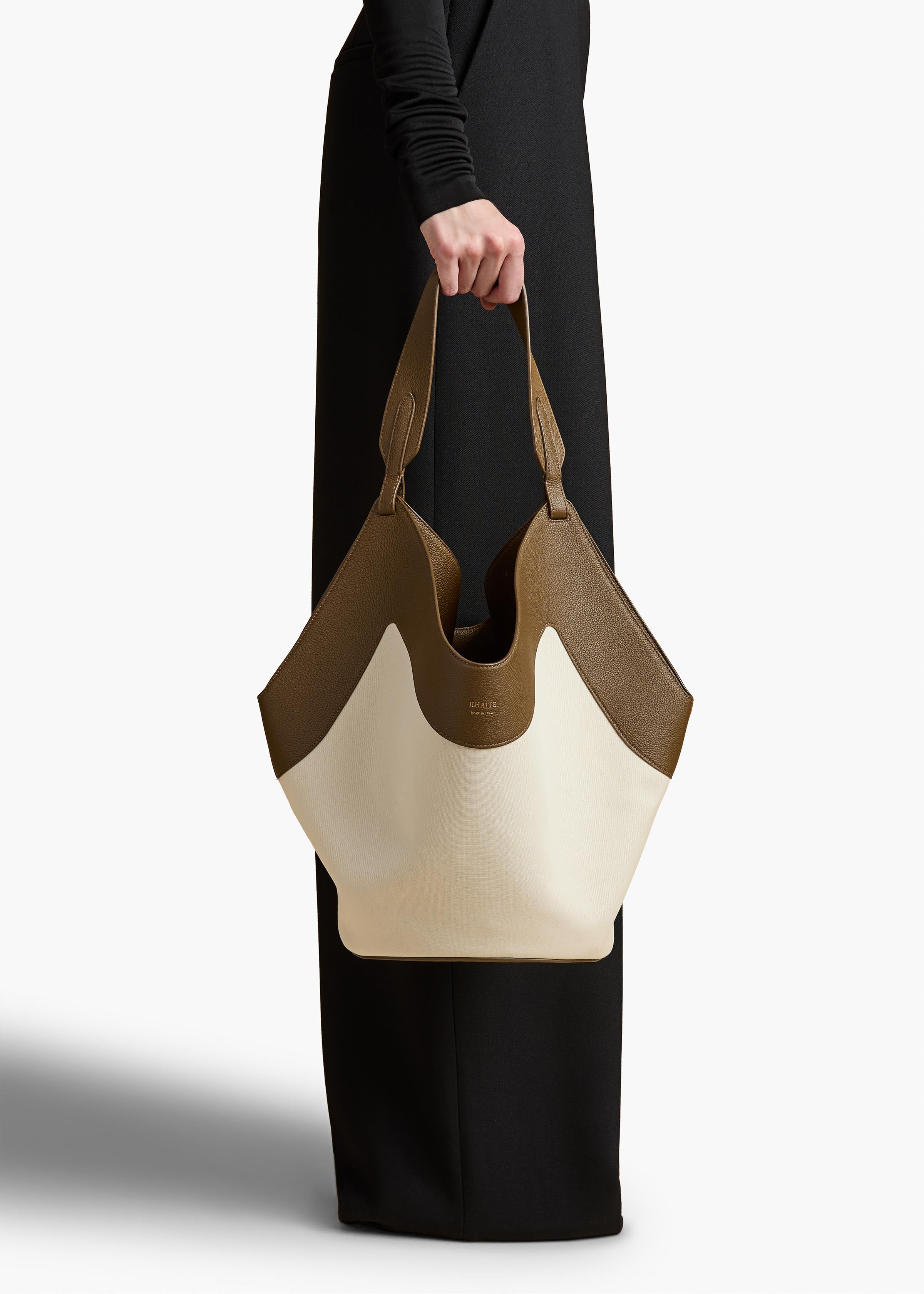 Medium Lotus Tote in Dark Olive Leather and Cream Canvas ON FIGURE