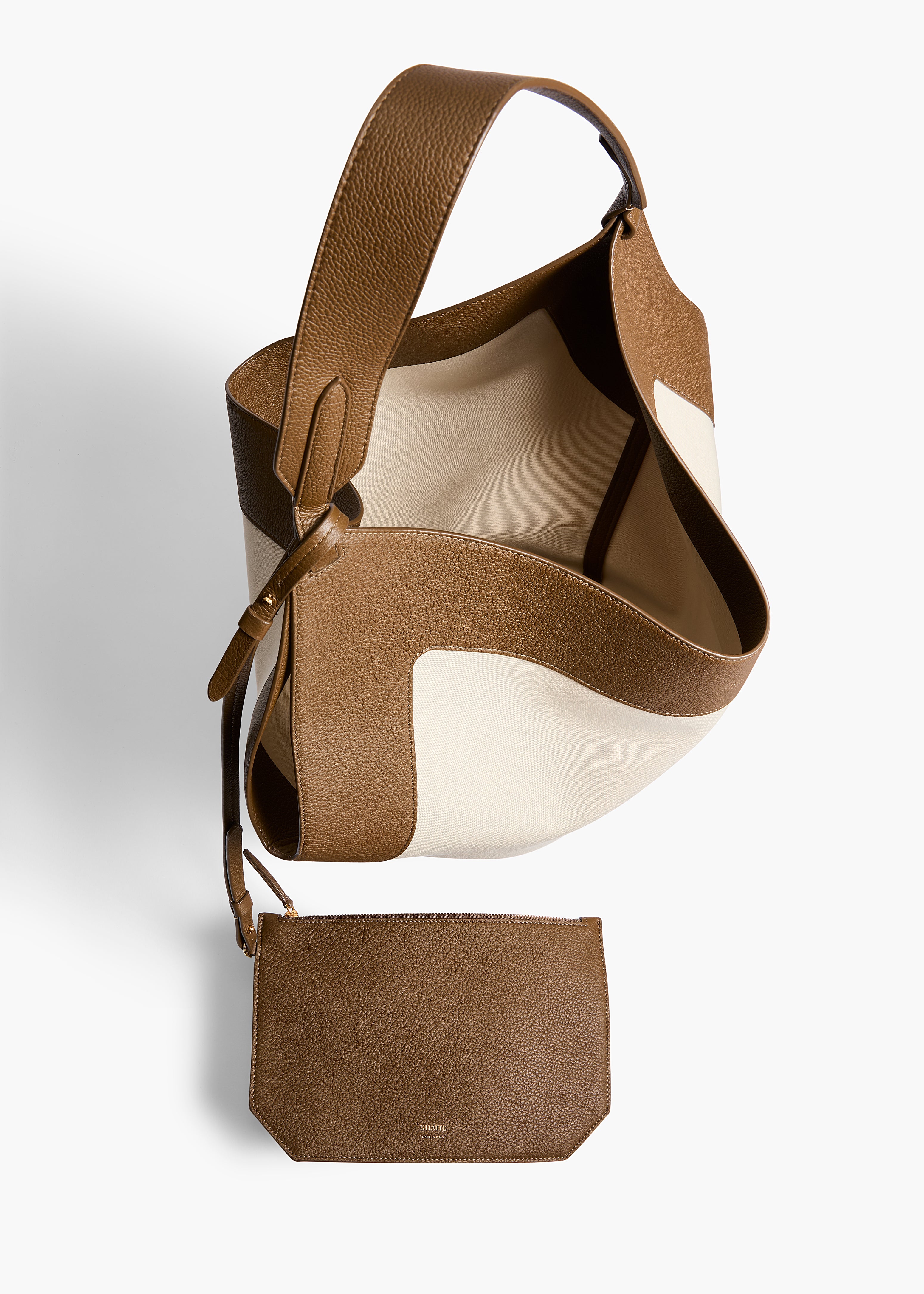 Medium Lotus Tote in Dark Olive Leather and Cream Canvas OVERHEAD VIEW