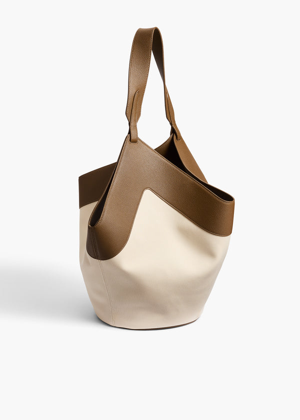 Medium Lotus Tote in Dark Olive Leather and Cream Canvas BACK VIEW