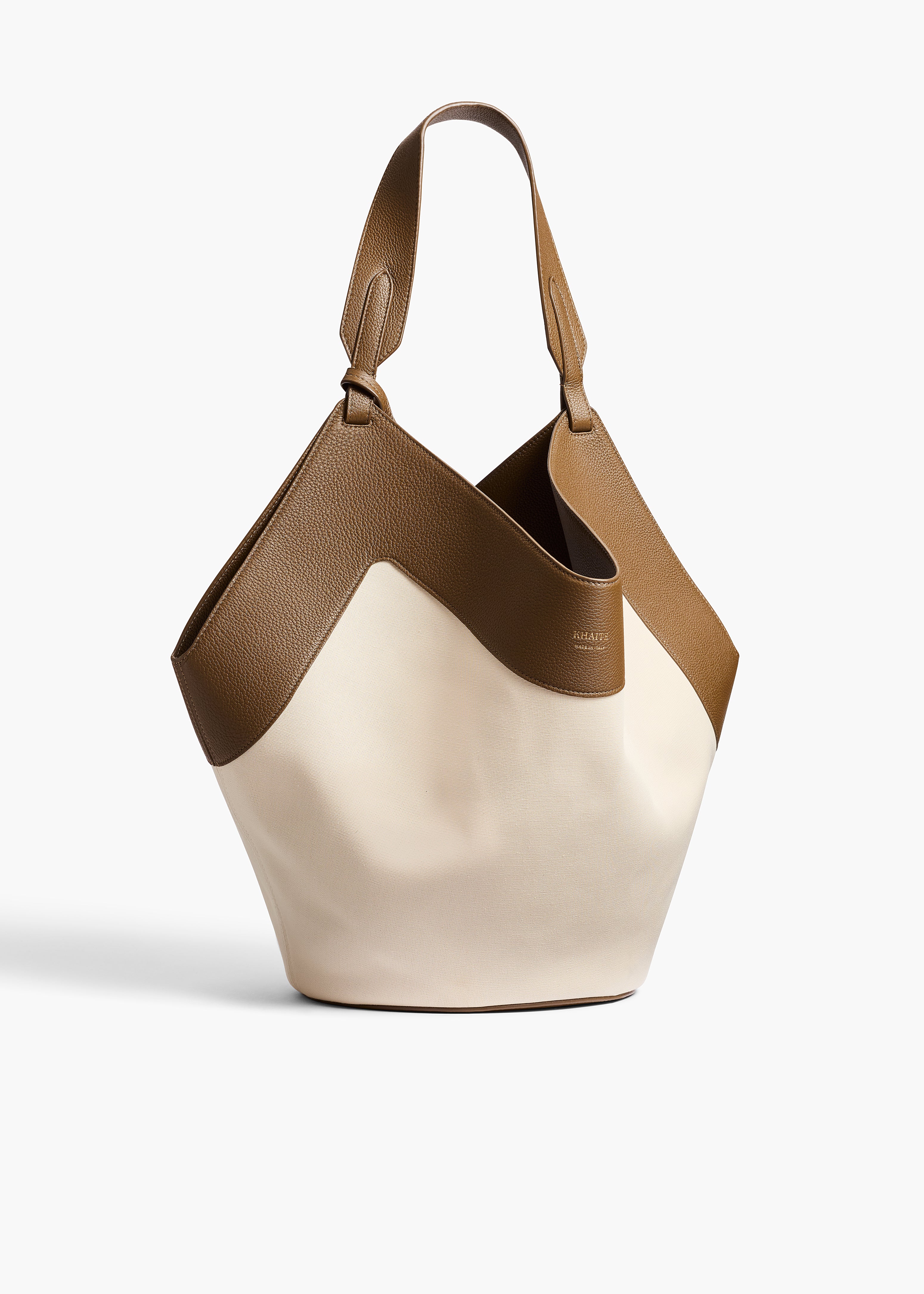 Medium Lotus Tote in Dark Olive Leather and Cream Canvas FRONT VIEW