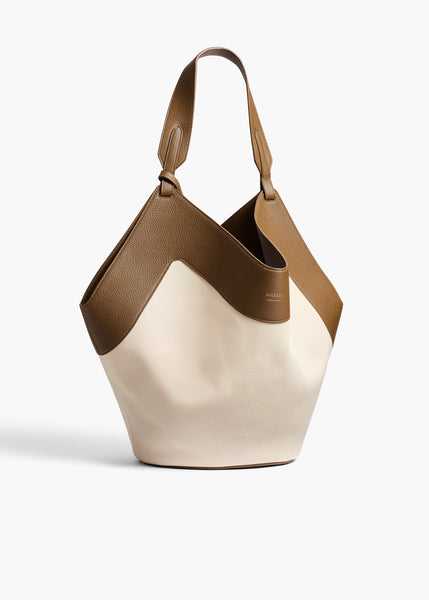 Medium Lotus Tote in Dark Olive Leather and Cream Canvas