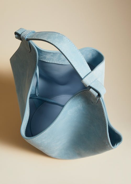 The Mini Lotus Bag in Baby Blue Suede