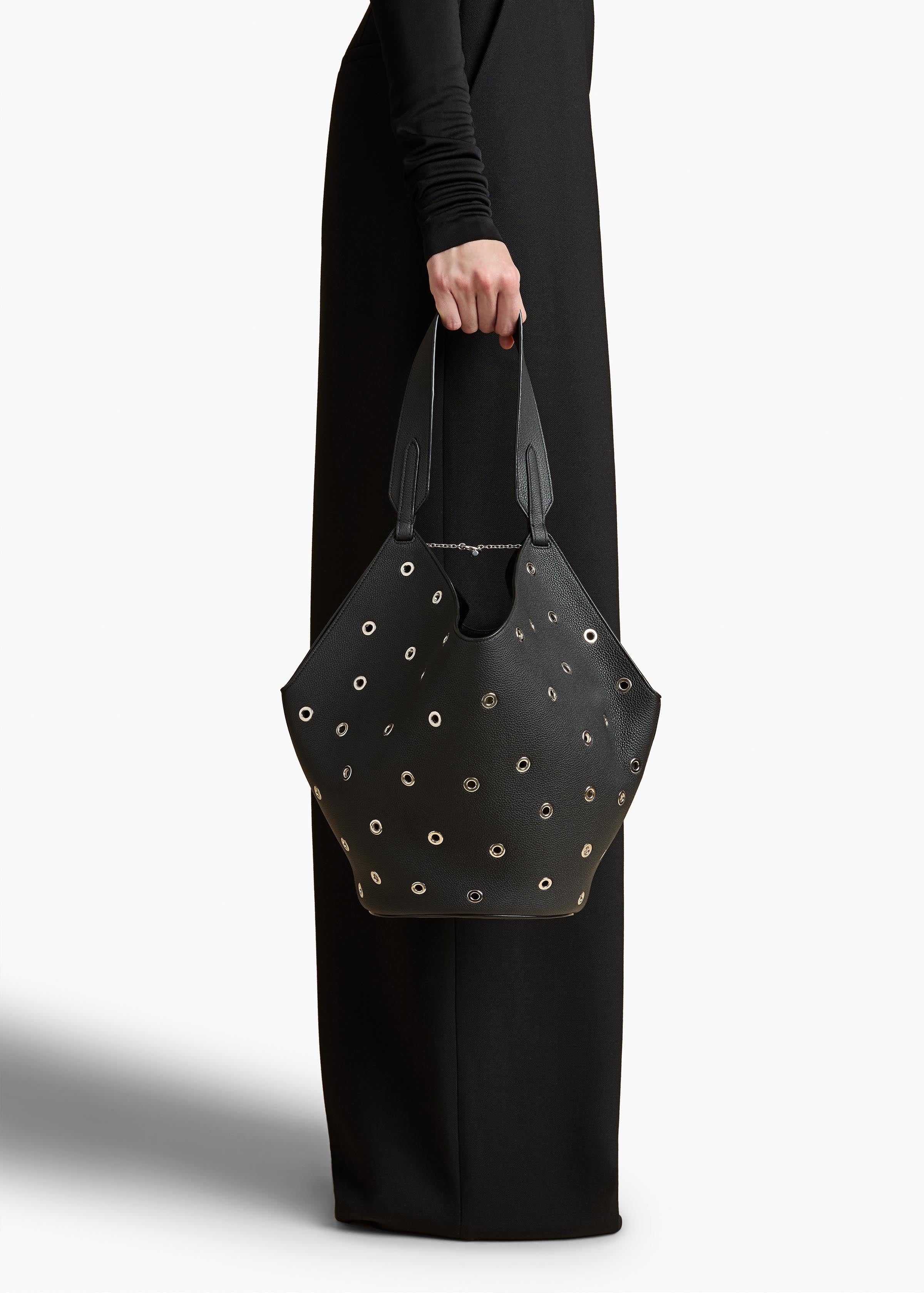 Small Lotus Tote in Black Pebbled Leather with Grommets ON FIGURE