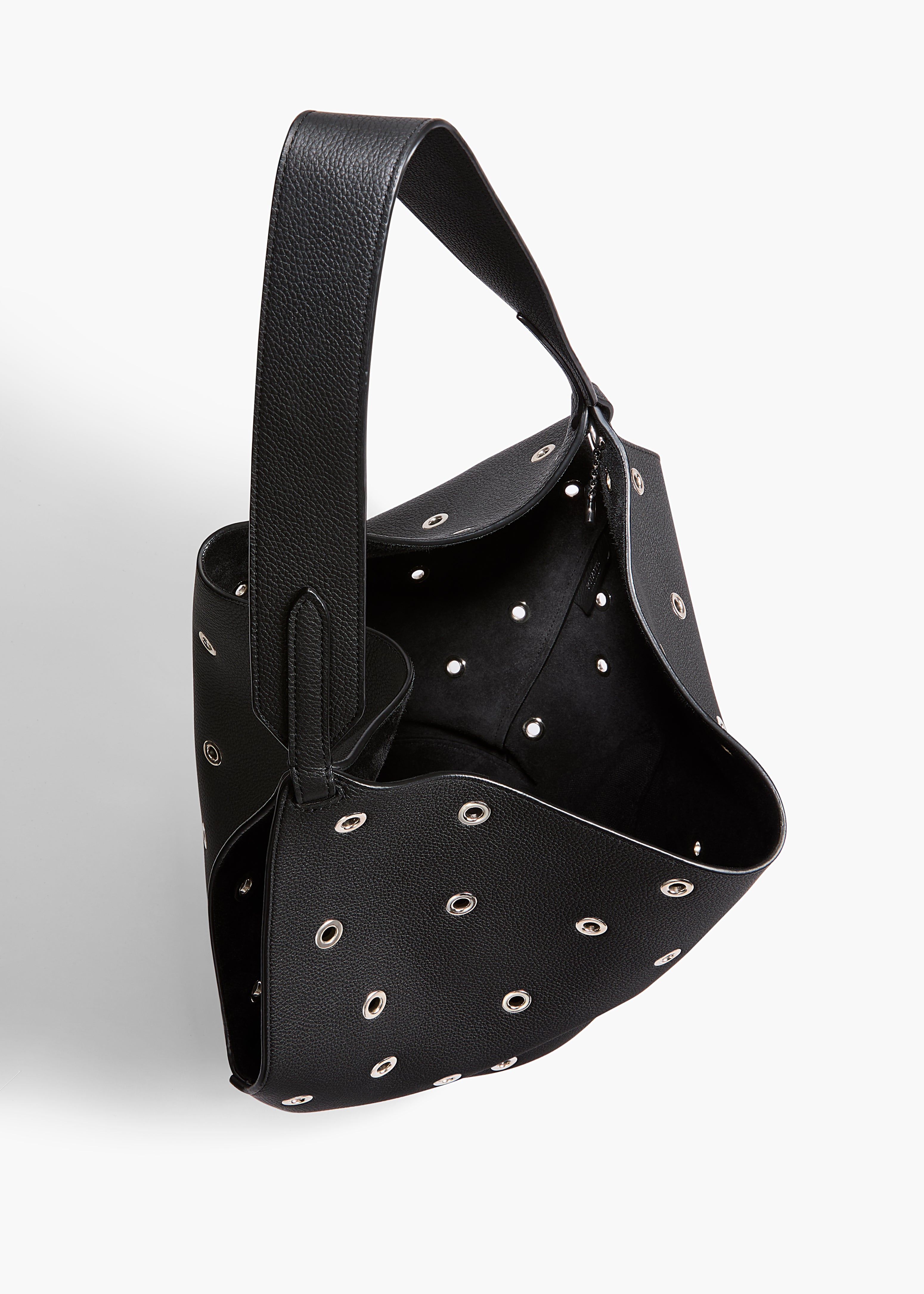 Small Lotus Tote in Black Pebbled Leather with Grommets OVERHEAD VIEW