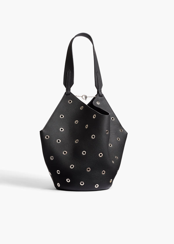 Small Lotus Tote in Black Pebbled Leather with Grommets FRONT VIEW