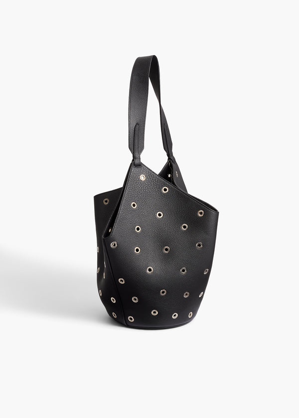 Small Lotus Tote in Black Pebbled Leather with Grommets BACK VIEW