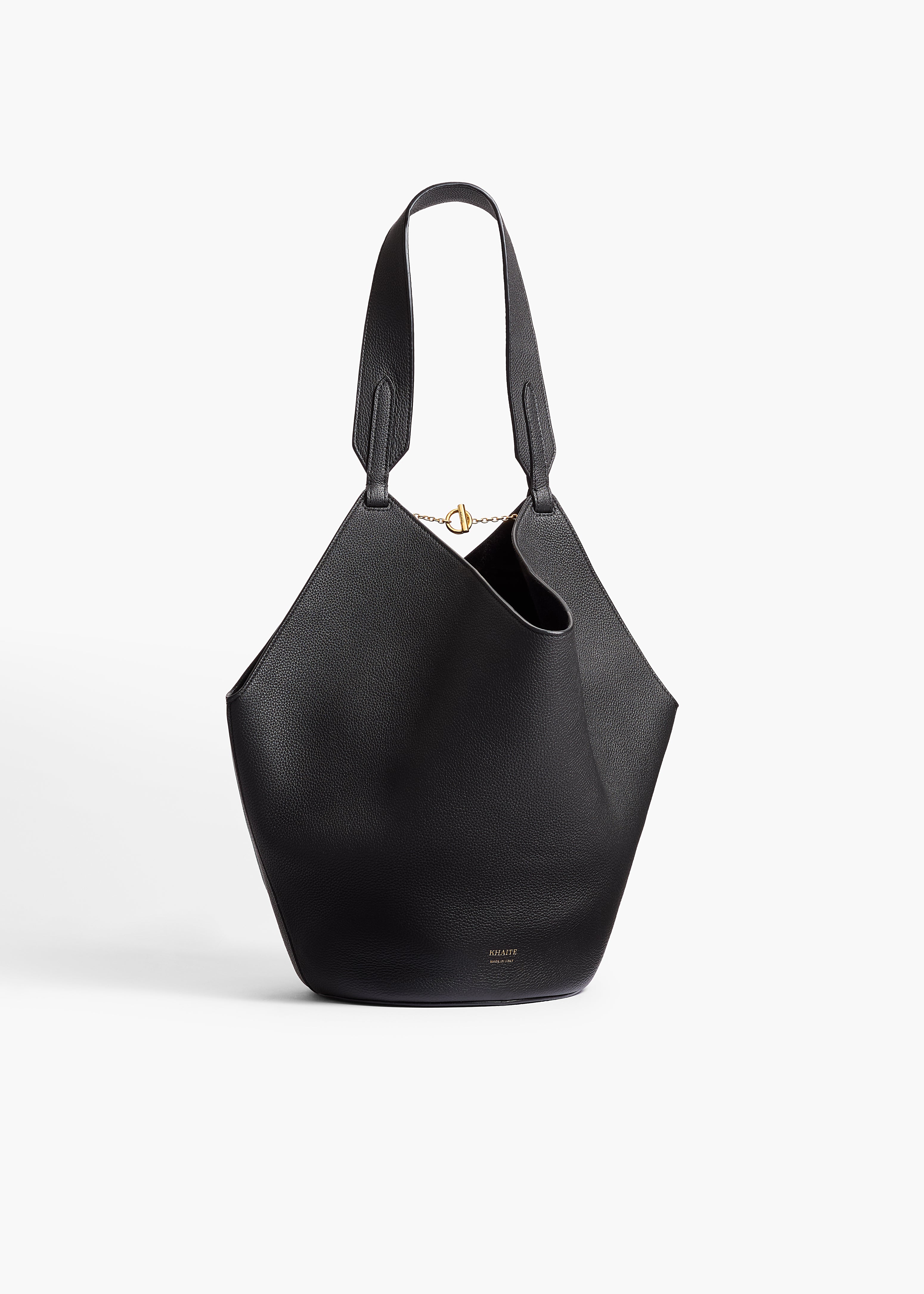 Small Lotus Tote in Black Pebbled Leather FRONT VIEW