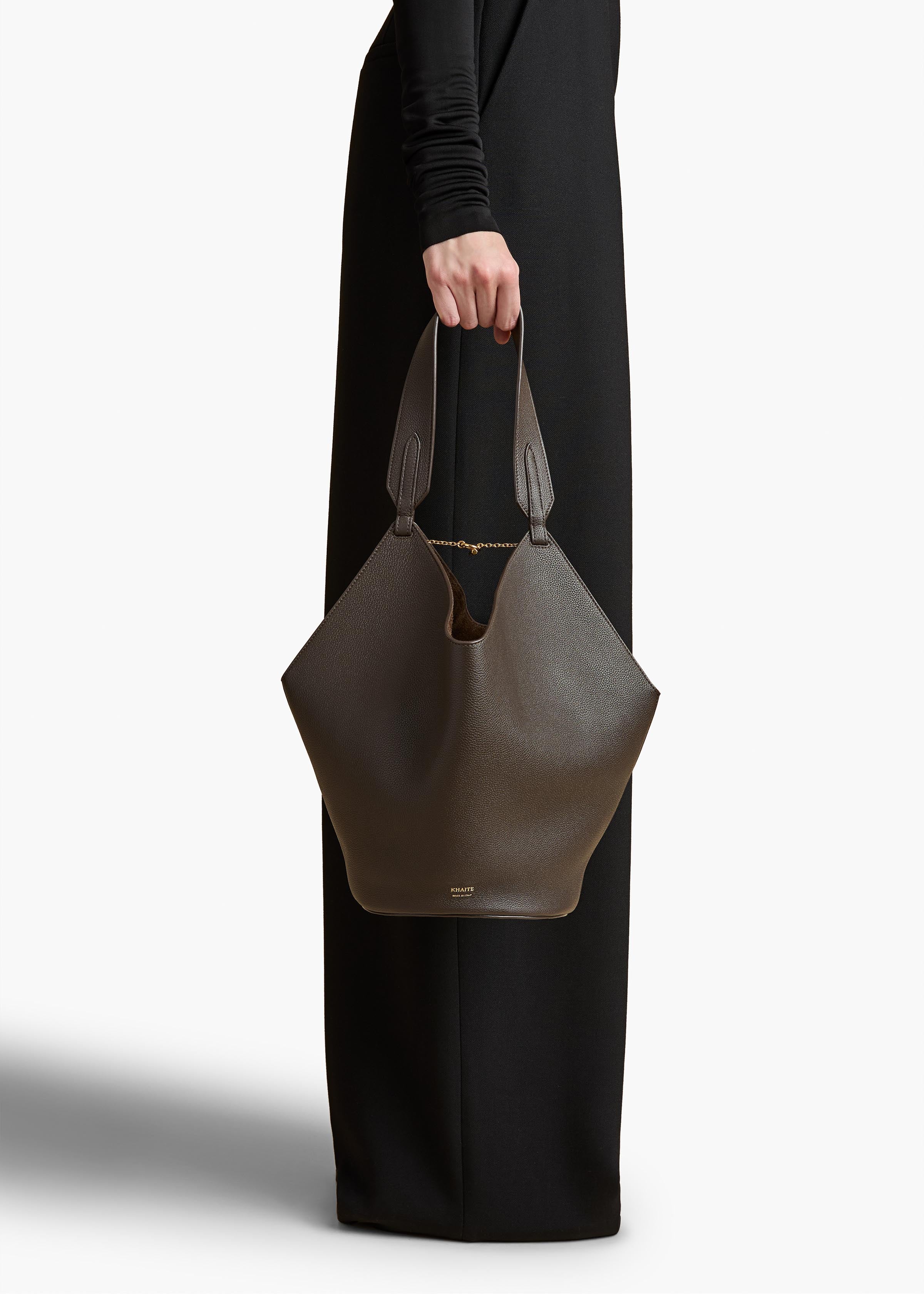 Small Lotus Tote in Dark Brown Pebbled Leather ON FIGURE