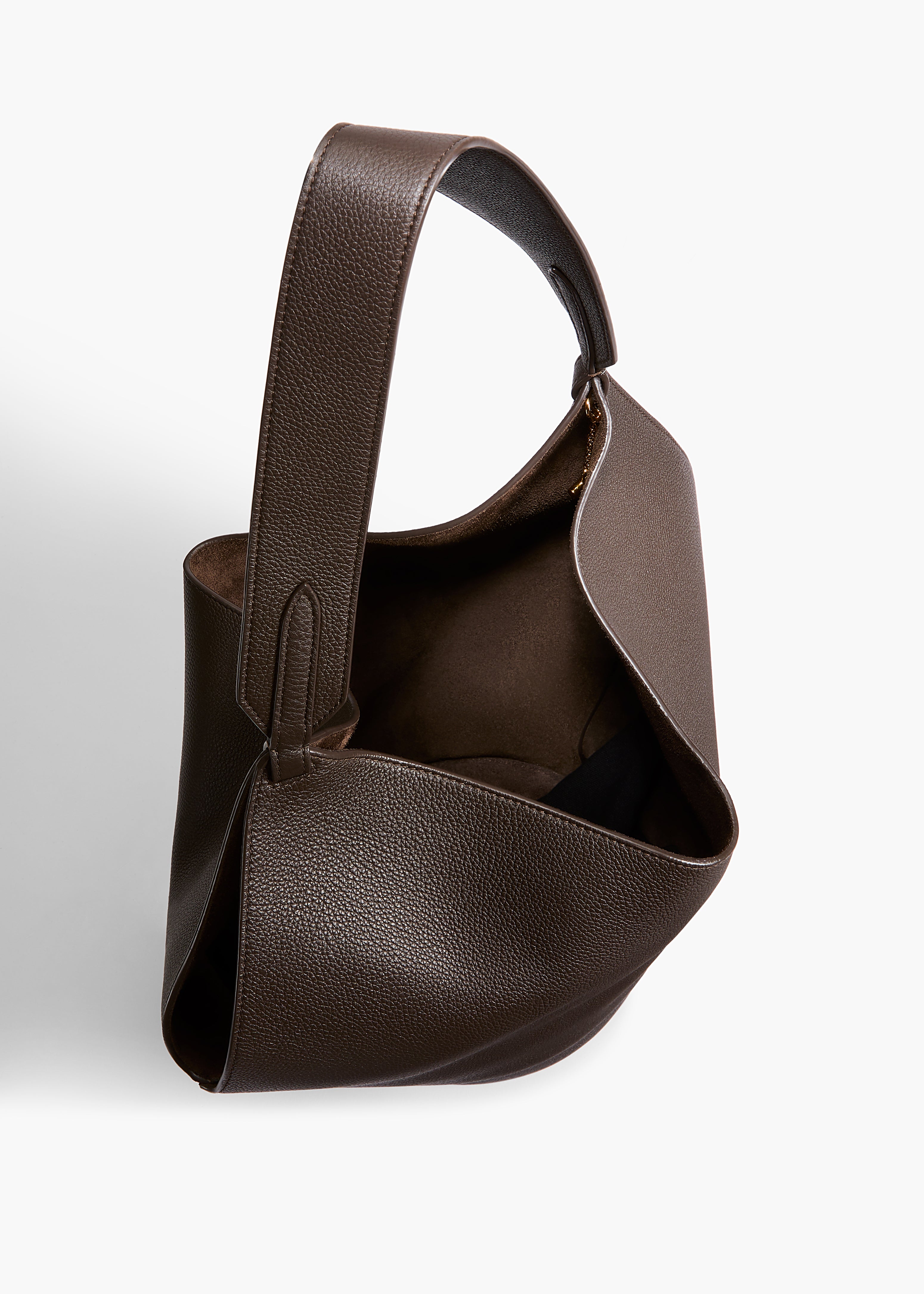 Small Lotus Tote in Dark Brown Pebbled Leather OVERHEAD VIEW