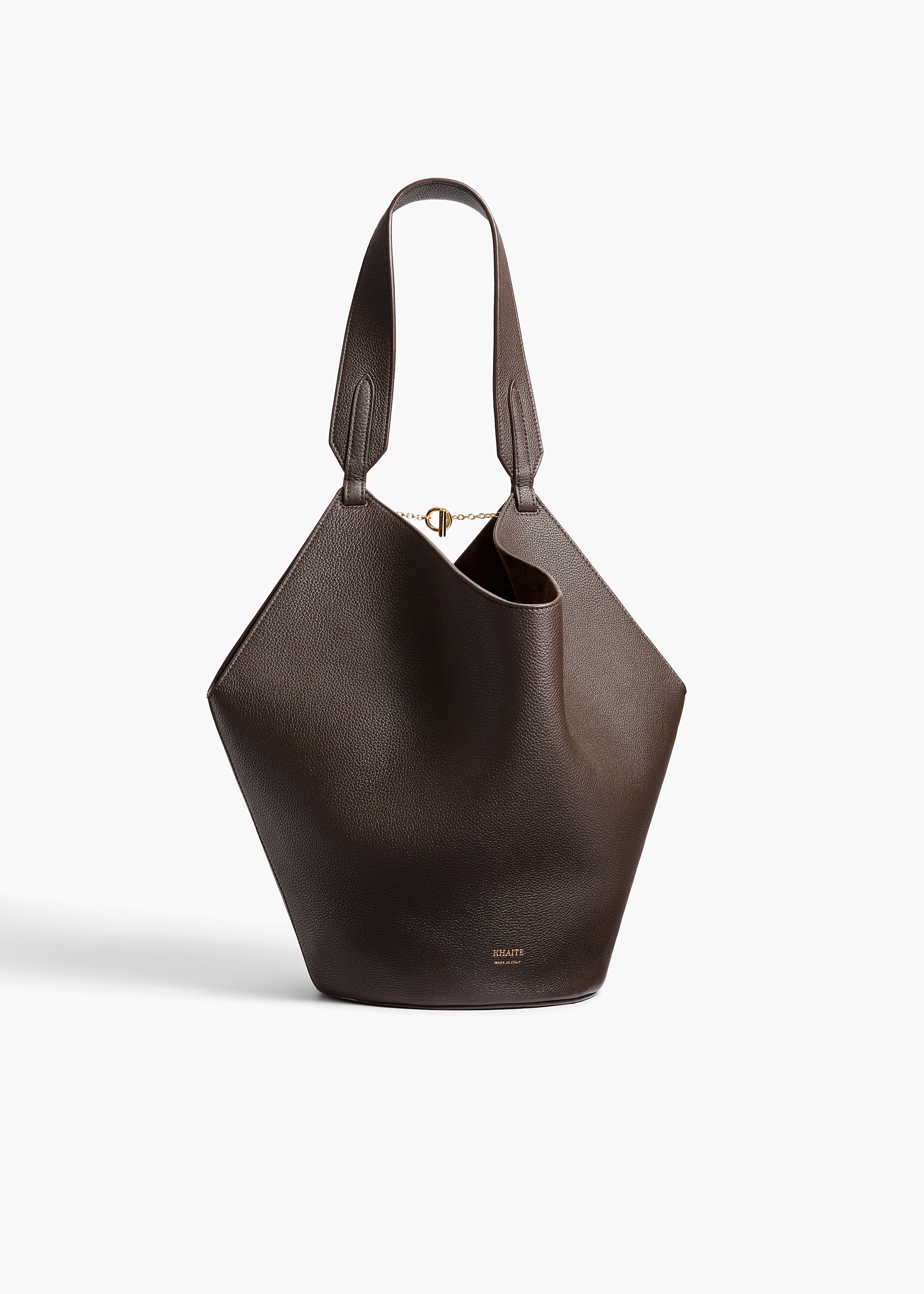 Small Lotus Tote in Dark Brown Pebbled Leather FRONT VIEW