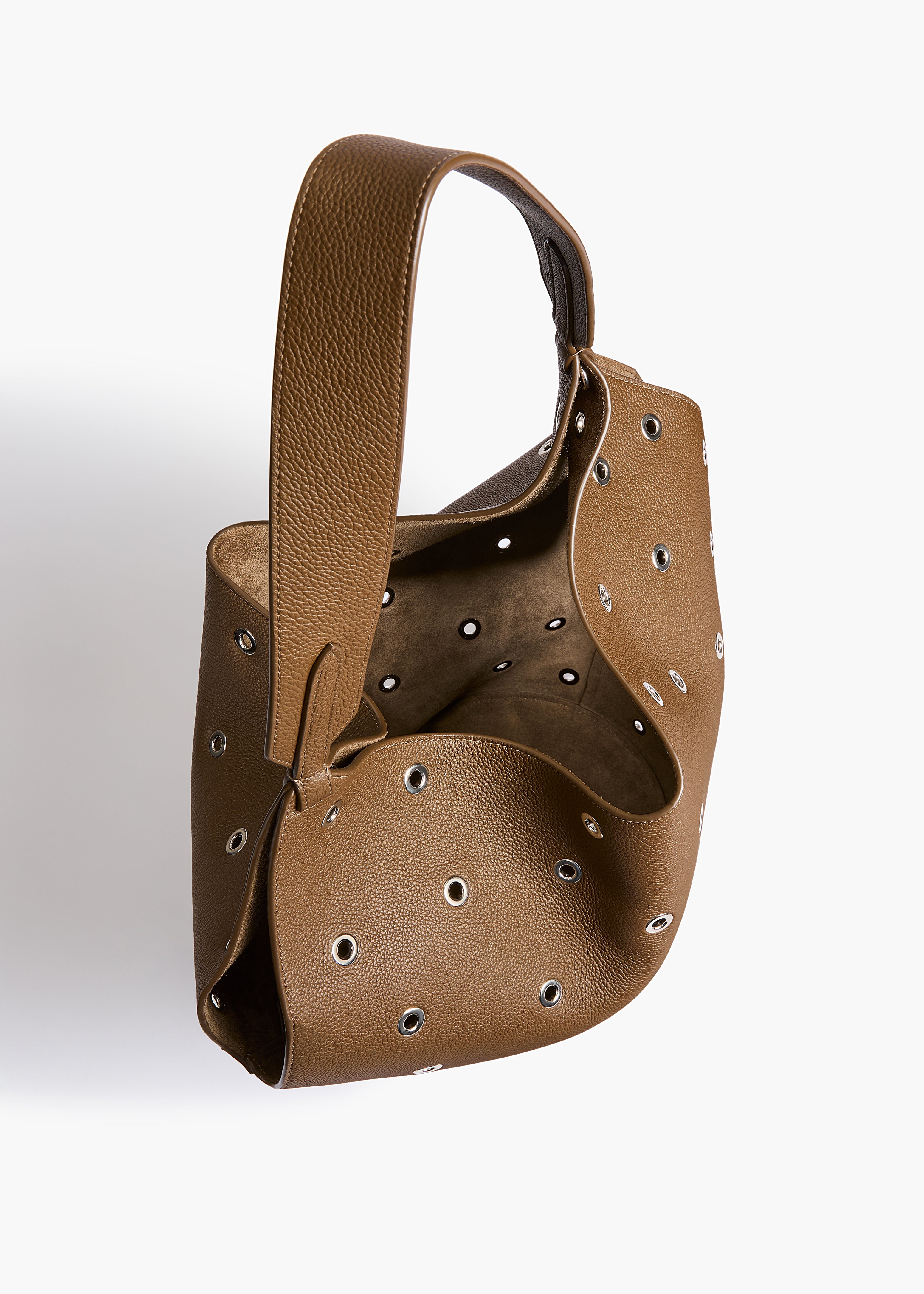 Small Lotus Tote in Dark Olive Pebbled Leather with Grommets OVERHEAD VIEW