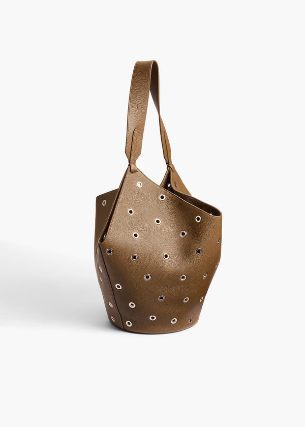 Small Lotus Tote in Dark Olive Pebbled Leather with Grommets BACK VIEW