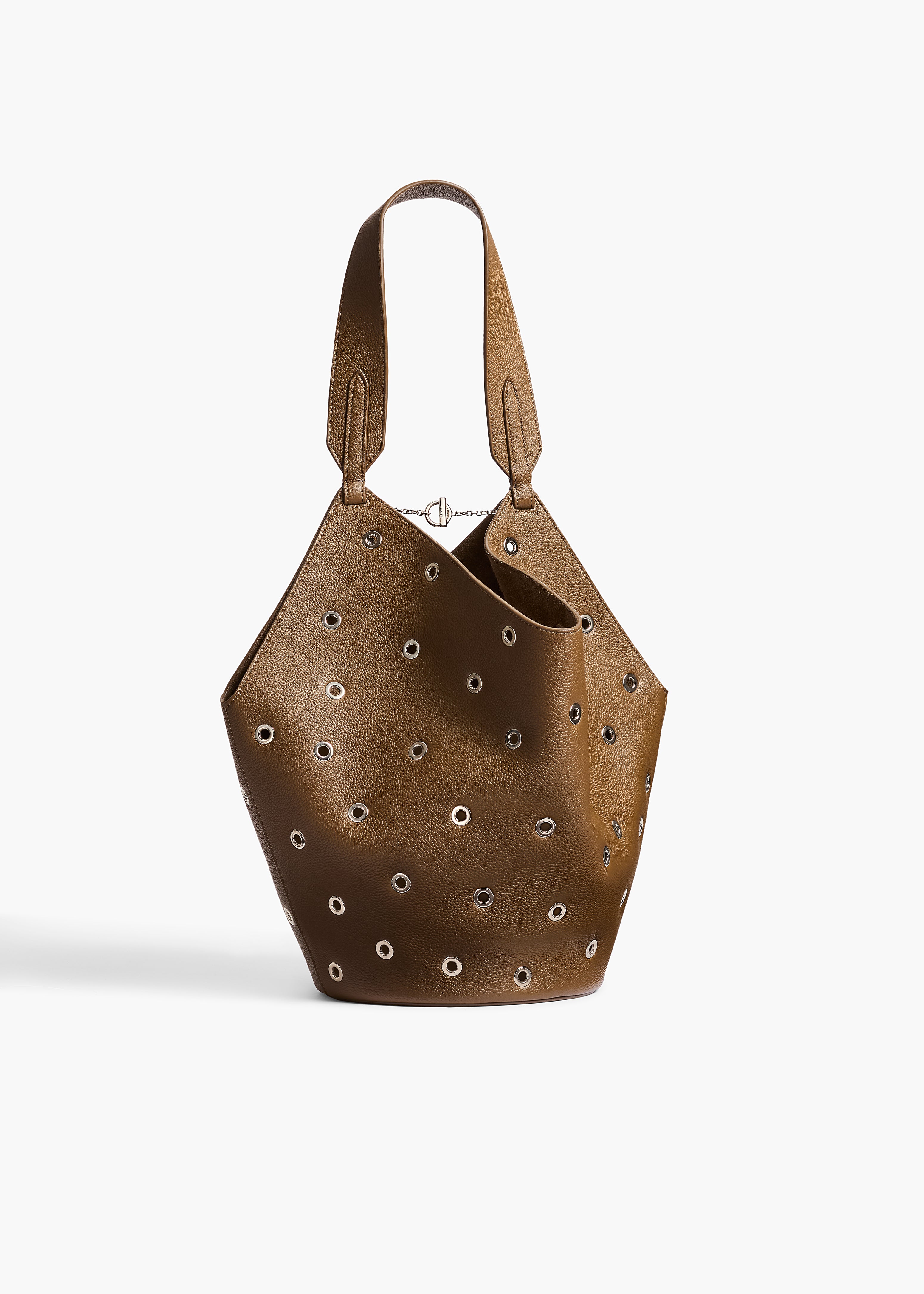 Small Lotus Tote in Dark Olive Pebbled Leather with Grommets FRONT VIEW