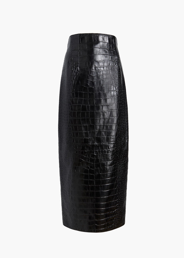 Loxley Skirt in Black Croc-Embossed Leather