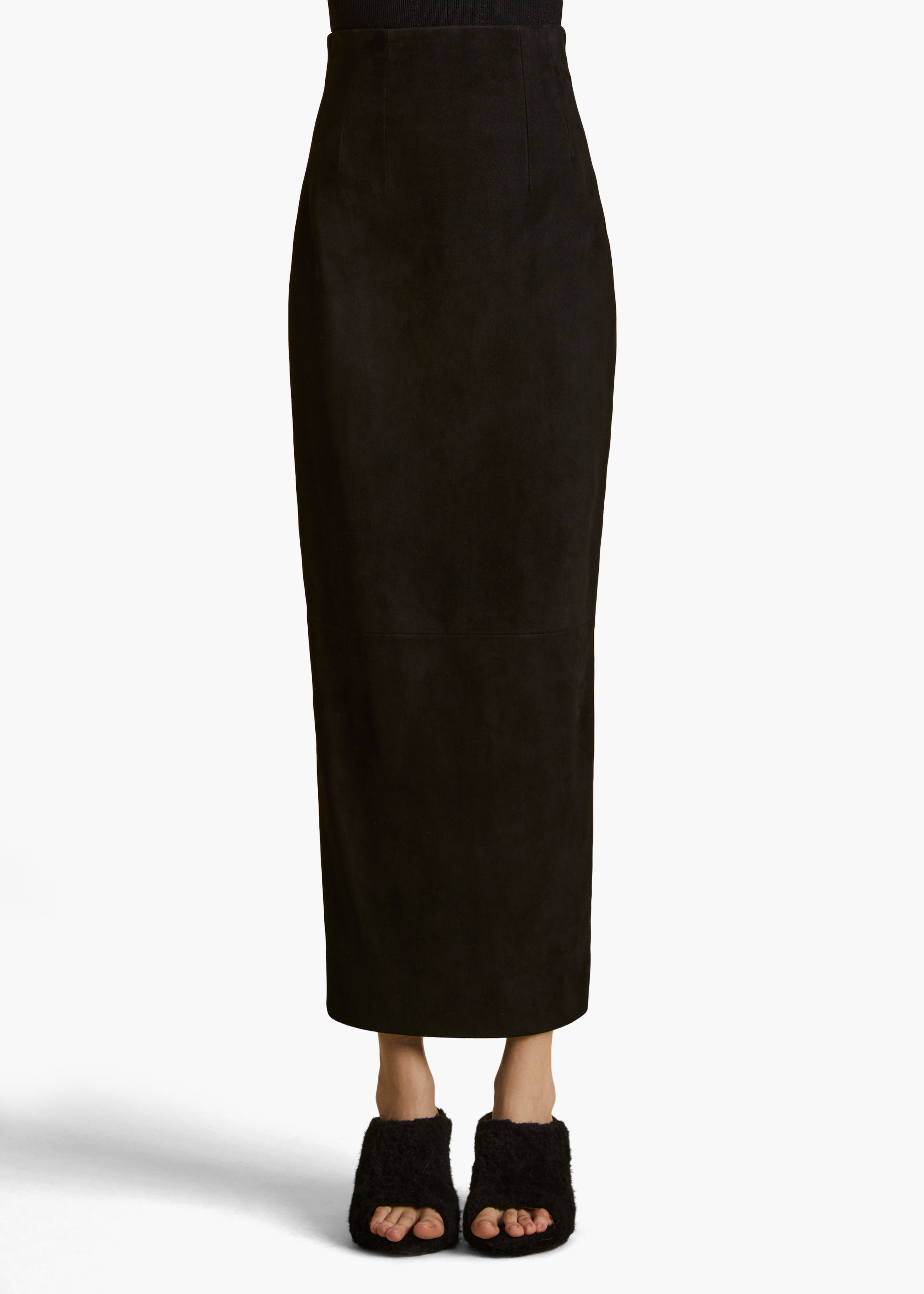 THE LOXLEY SKIRT IN BLACK SUEDE FRONT VIEW