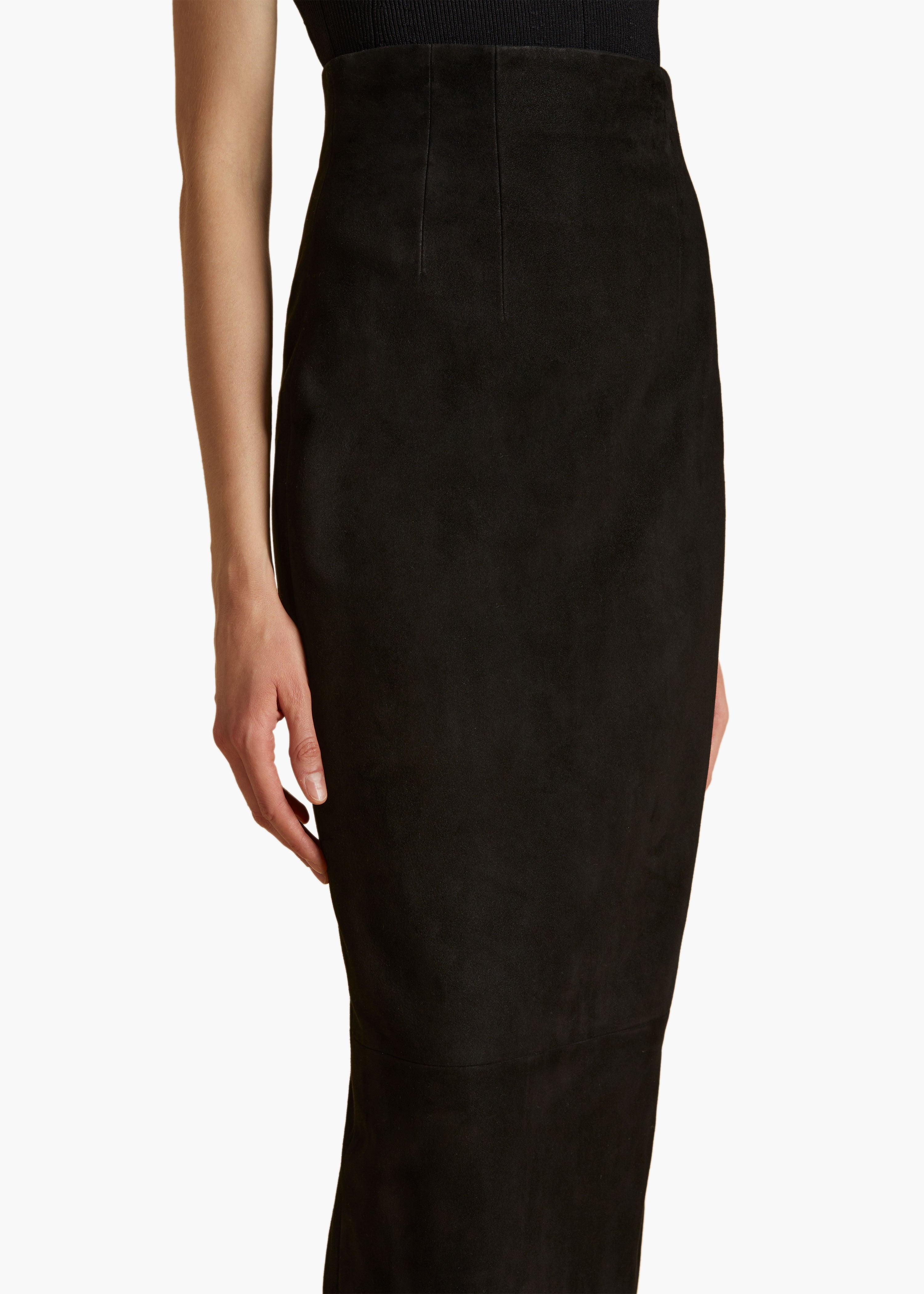 THE LOXLEY SKIRT IN BLACK SUEDE DETAILED VIEW 1