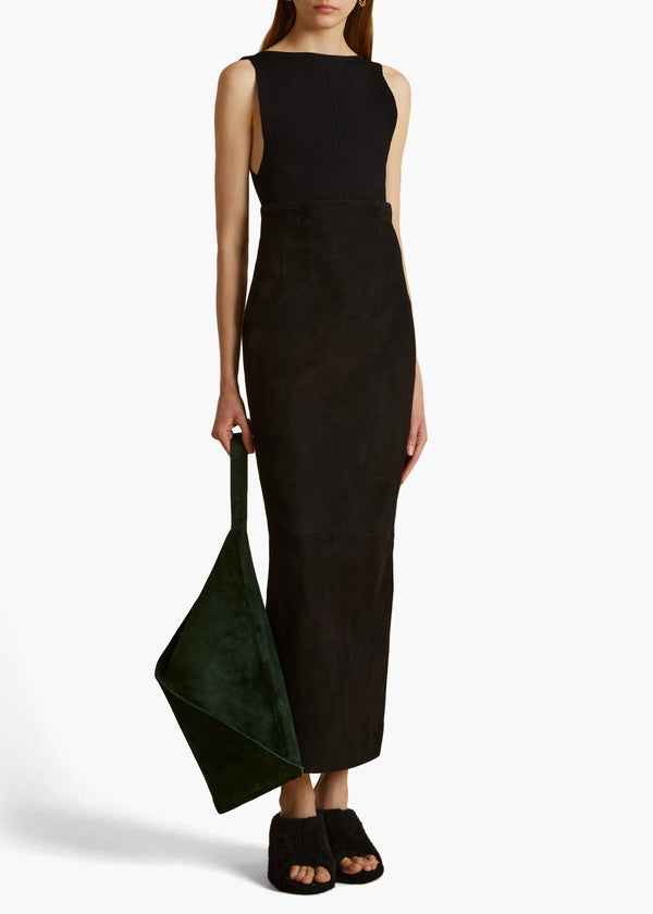 THE LOXLEY SKIRT IN BLACK SUEDE STYLED VIEW