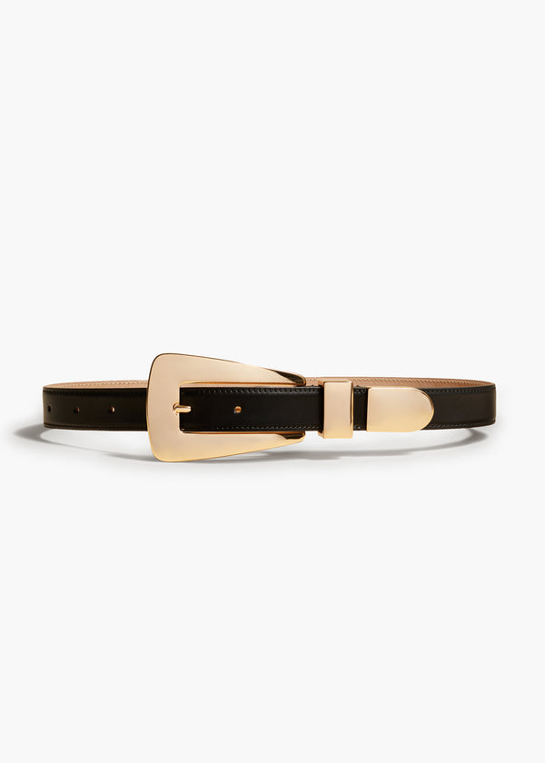 LUCCA BELT IN GOLD AND BLACK CALF LEATHER FRONT VIEW