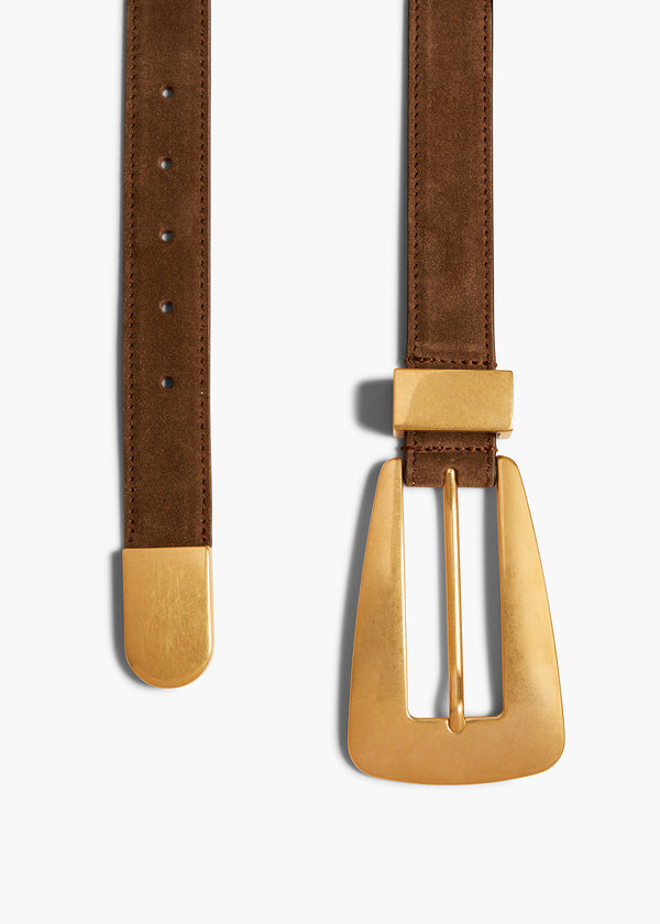 LUCCA BELT IN GOLD AND MUD SUEDE FLAT VIEW