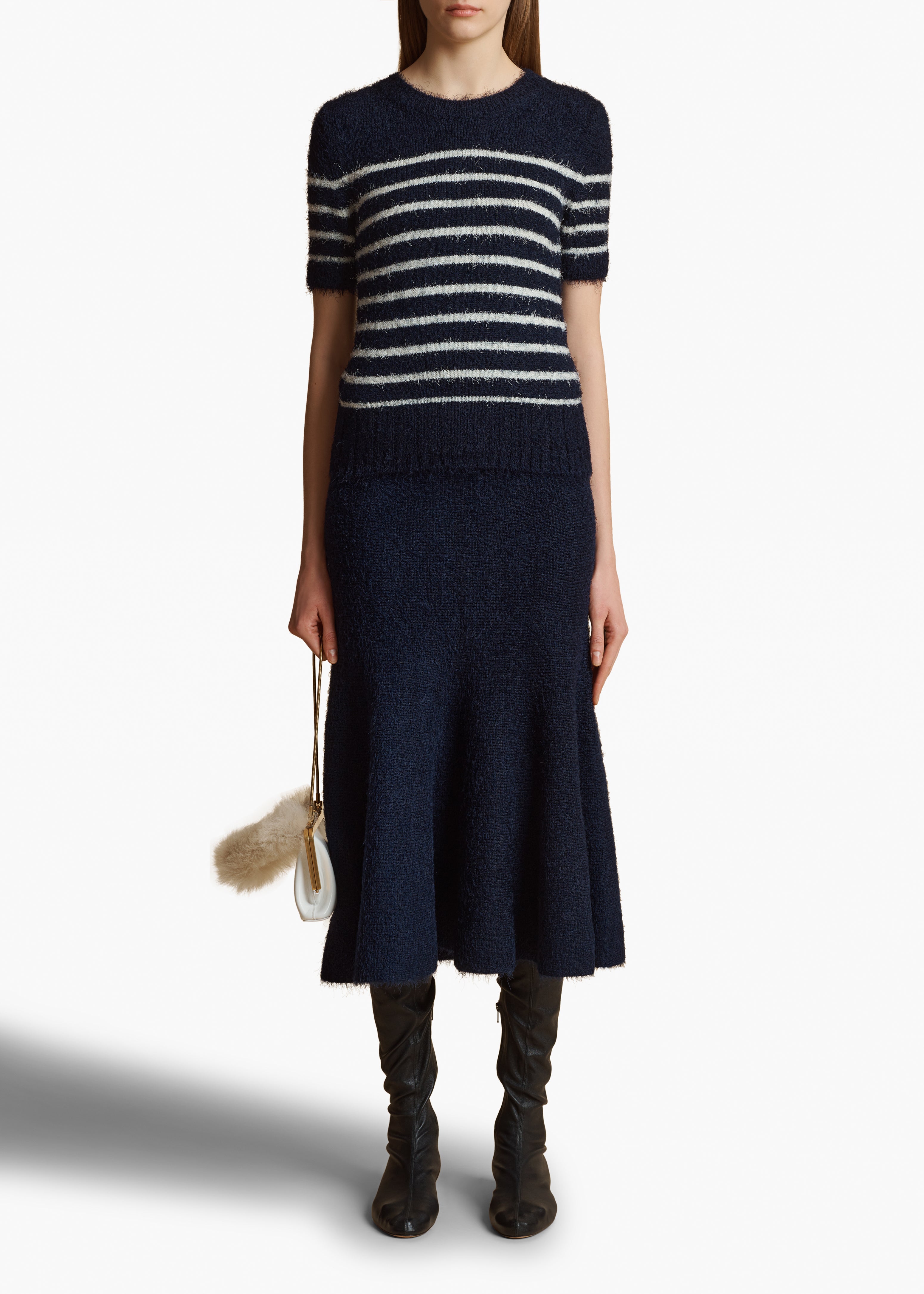 LUPHIA SWEATER IN NAVY CREAM STRIPE FRONT VIEW STYLED