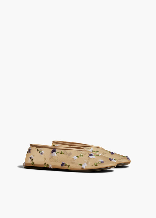 MARCY FLAT IN BEIGE MESH WITH PURPLE FLORAL EMBROIDERY ANGLED VIEW