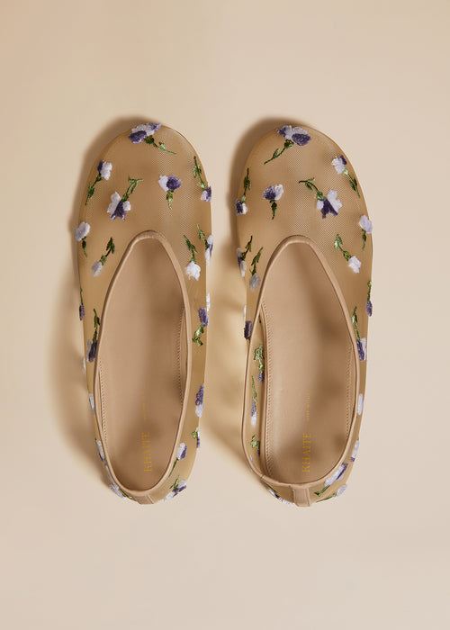 The Marcy Flat in Beige Mesh with Purple Floral Embroidery