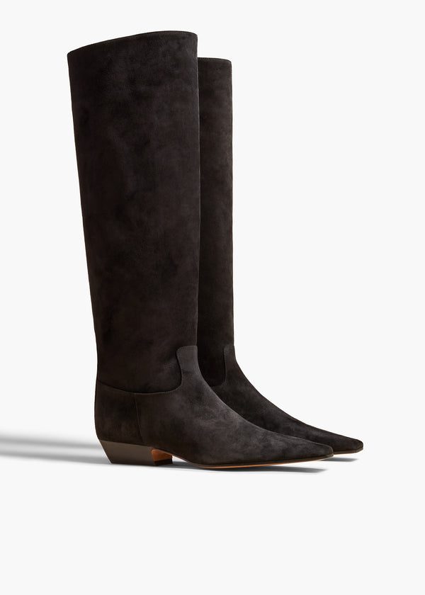 MARFA KNEE HIGH BOOT IN BLACK SUEDE ANGLED VIEW