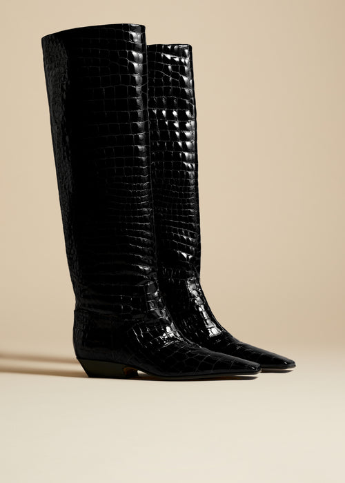 The Marfa Knee-High Boot in Black Croc-Embossed Leather