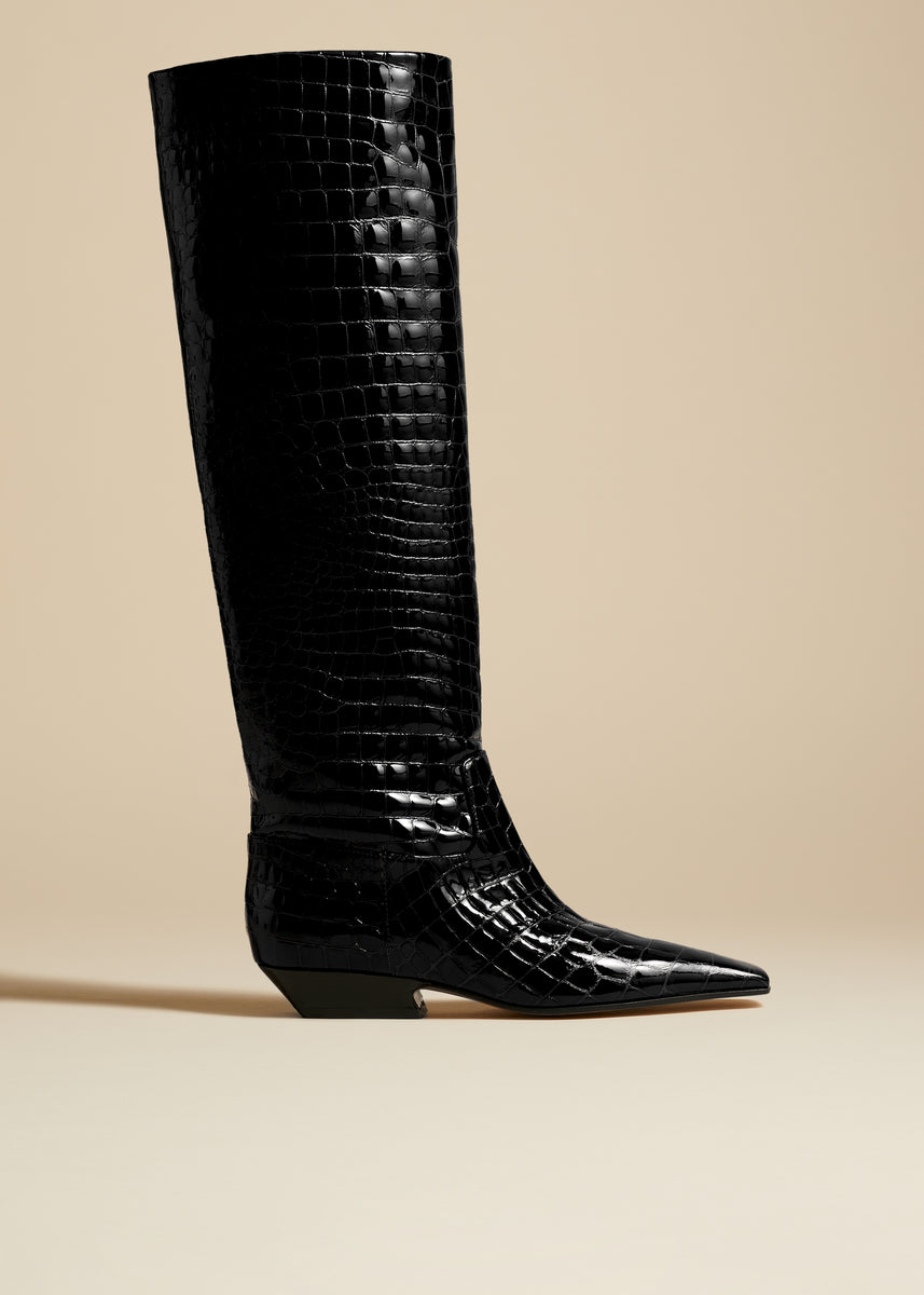 The Marfa Knee-High Boot in Black Croc-Embossed Leather– KHAITE