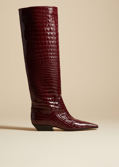 The Marfa Knee-High Boot in Bordeaux Croc-Embossed Leather