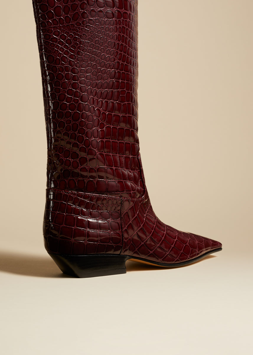 The Marfa Knee-High Boot in Bordeaux Croc-Embossed Leather– KHAITE
