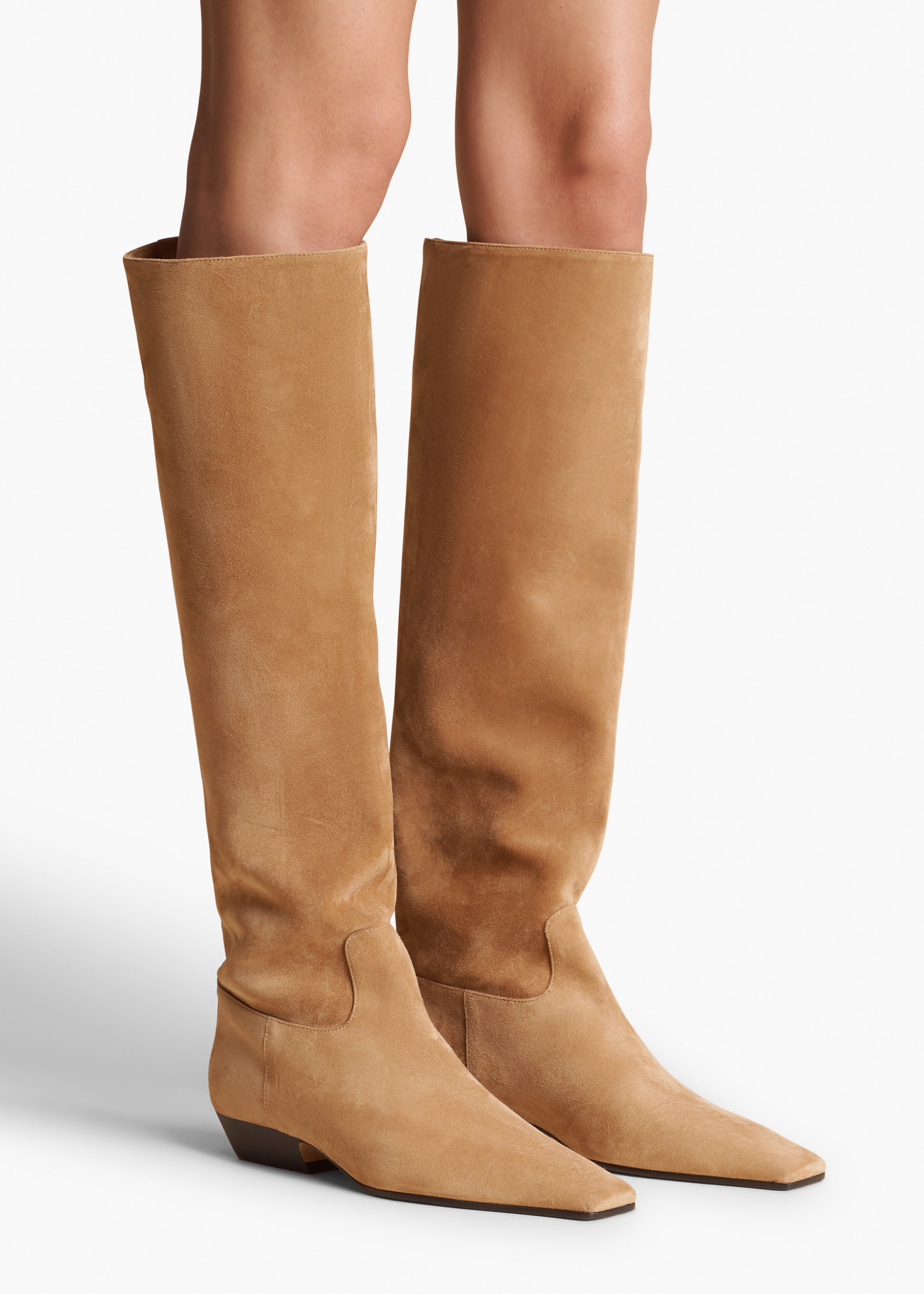 MARFA KNEE HIGH BOOT IN CAMEL SUEDE STYLED VIEW