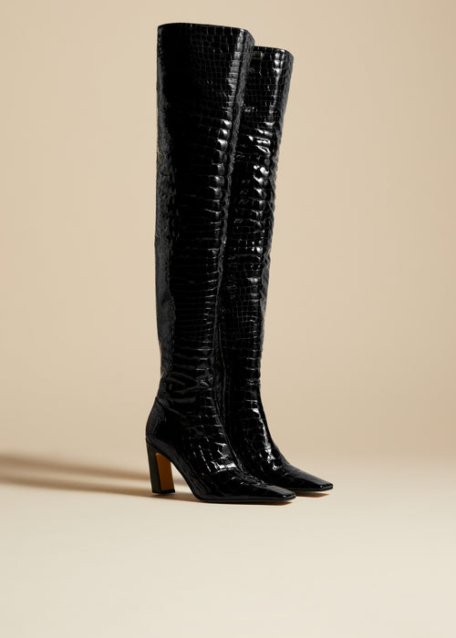 The Marfa Over-the-Knee High Boot in Black Croc-Embossed Leather
