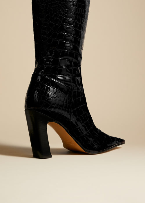 The Marfa Over-the-Knee High Boot in Black Croc-Embossed Leather