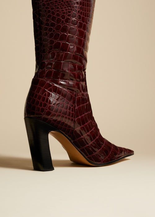 The Marfa Over-the-Knee High Boot in Bordeaux Croc-Embossed Leather