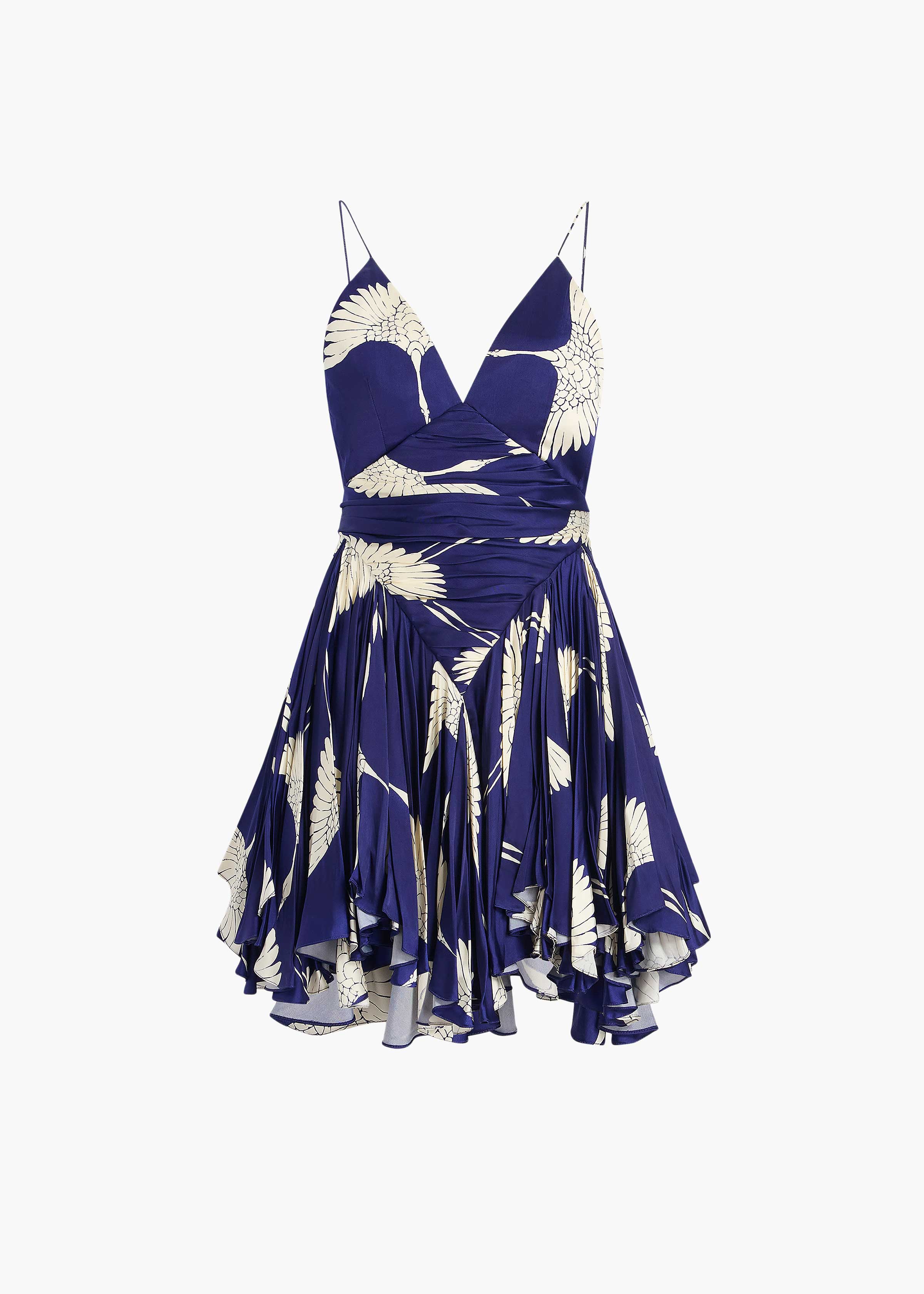 MARGOT DRESS IN COBALT AND CREAM CRANE PRINT FLAT VIEW