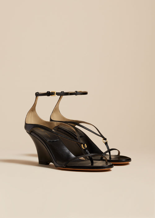 The Marion Strappy Wedge Sandal in Black Leather