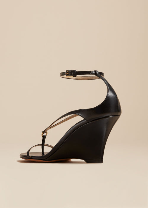 The Marion Strappy Wedge Sandal in Black Leather