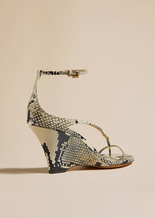 The Marion Strappy Wedge Sandal in Natural Python-Embossed Leather