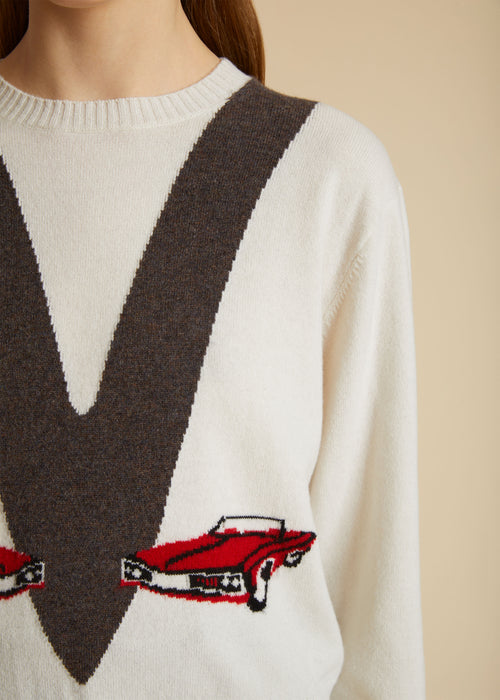 The Mavis Sweater in Ivory with Car Print